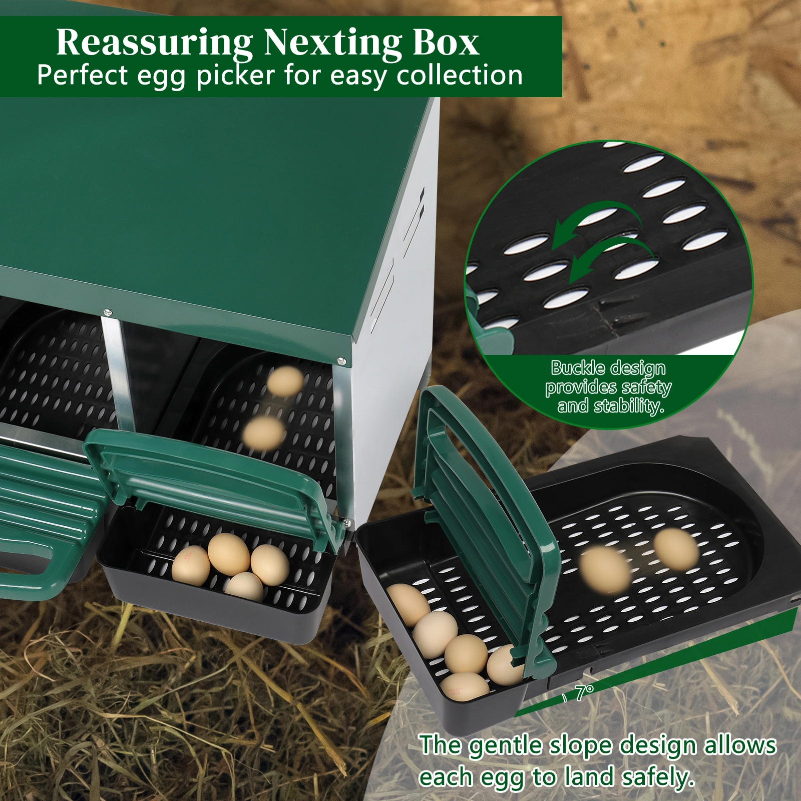 3 Compartment Roll Out Chicken Nesting Box with Plastic Basket, Egg Nest Box Chicken Laying Box Hens Chicken Coop Box, Green view 2