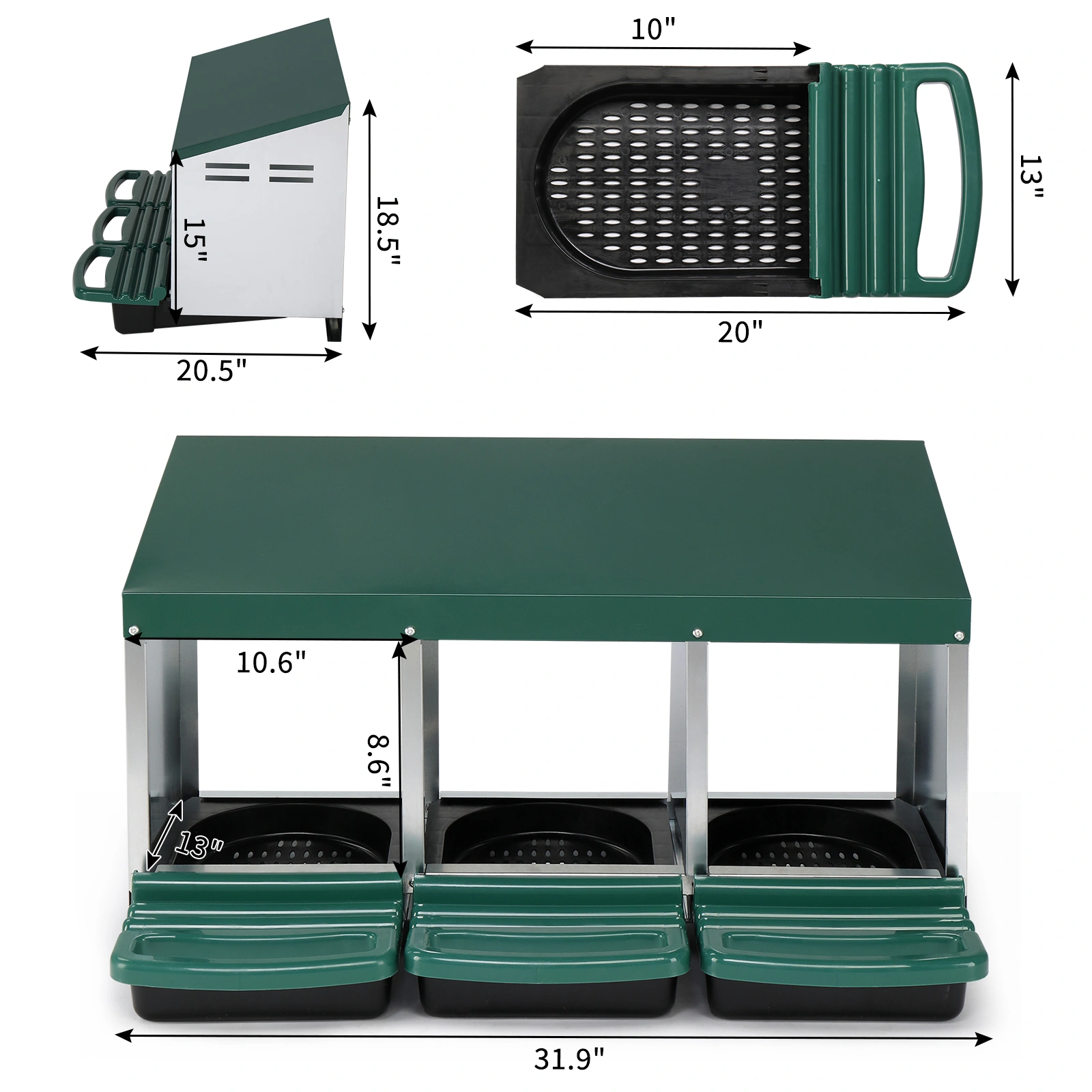 3 Compartment Roll Out Chicken Nesting Box with Plastic Basket, Egg Nest Box Chicken Laying Box Hens Chicken Coop Box, Green view 8