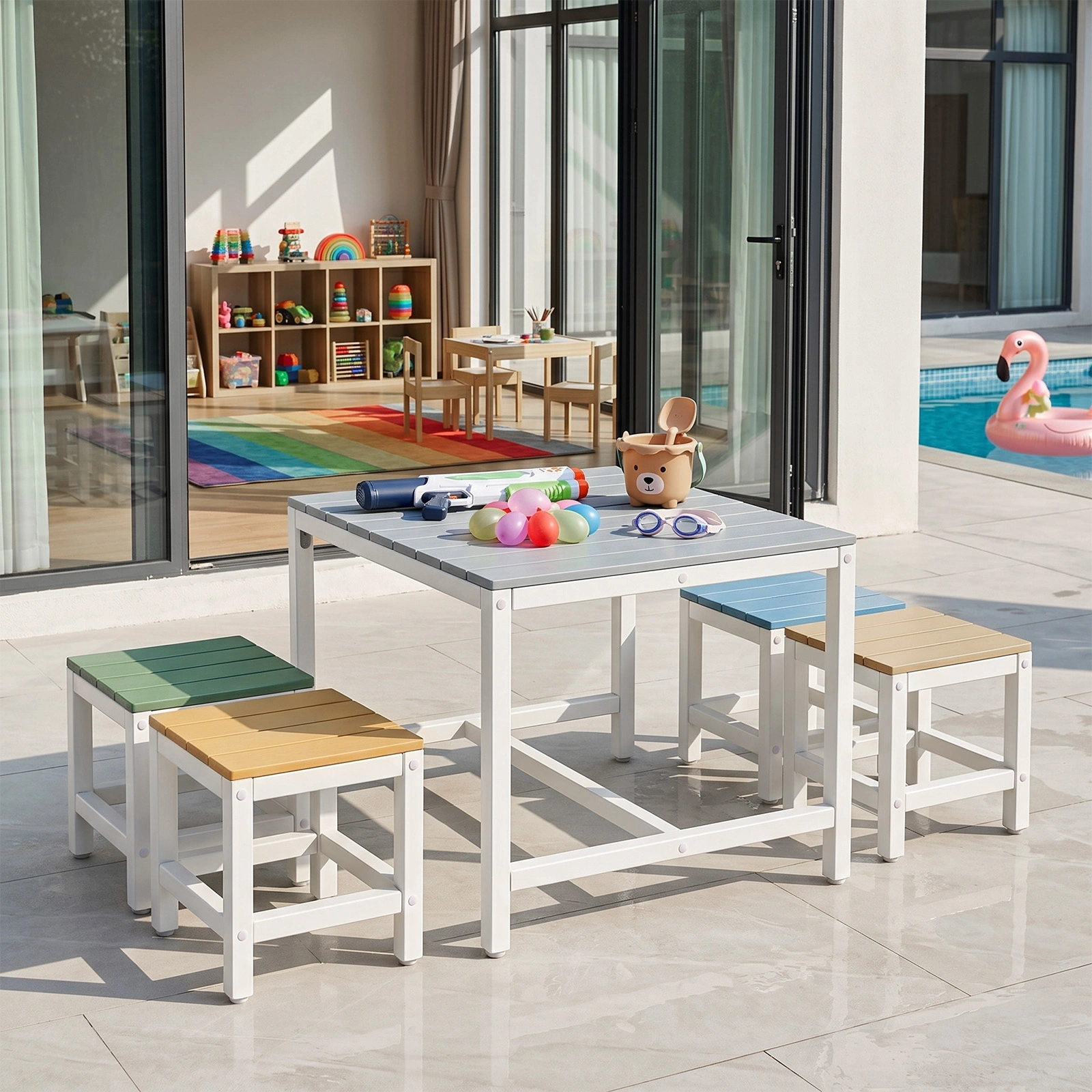 5-piece children's patio table and chair set (1 table + 4 stools), 29.5 inches, blue-khaki, light orange, blue-green color blocking, made of poplar wood