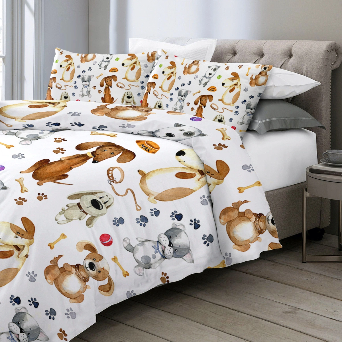 Cute Kids Duvet Cover Set Double 3 Piece Pastel Cartoon Dog Paws Animal Bedding Duvet Cover with 2 Pillow Cases for Kids Boys Girls view 2