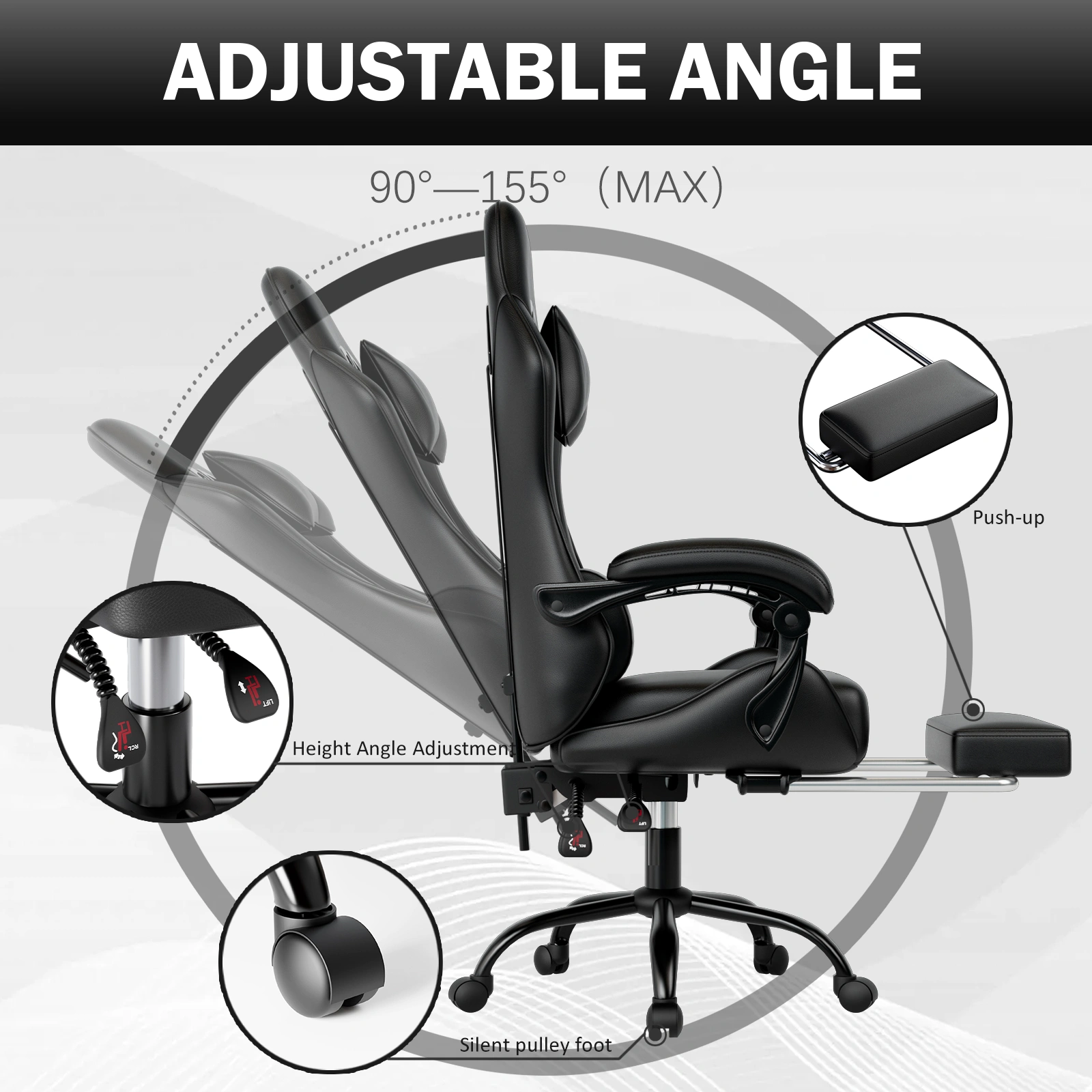Gaming Chair with Footrest, Ergonomic Recliner Computer Chair with Adjustable Lumbar Pillow & Headrest, PU Office Desk Chair for Adults and Kids view 3