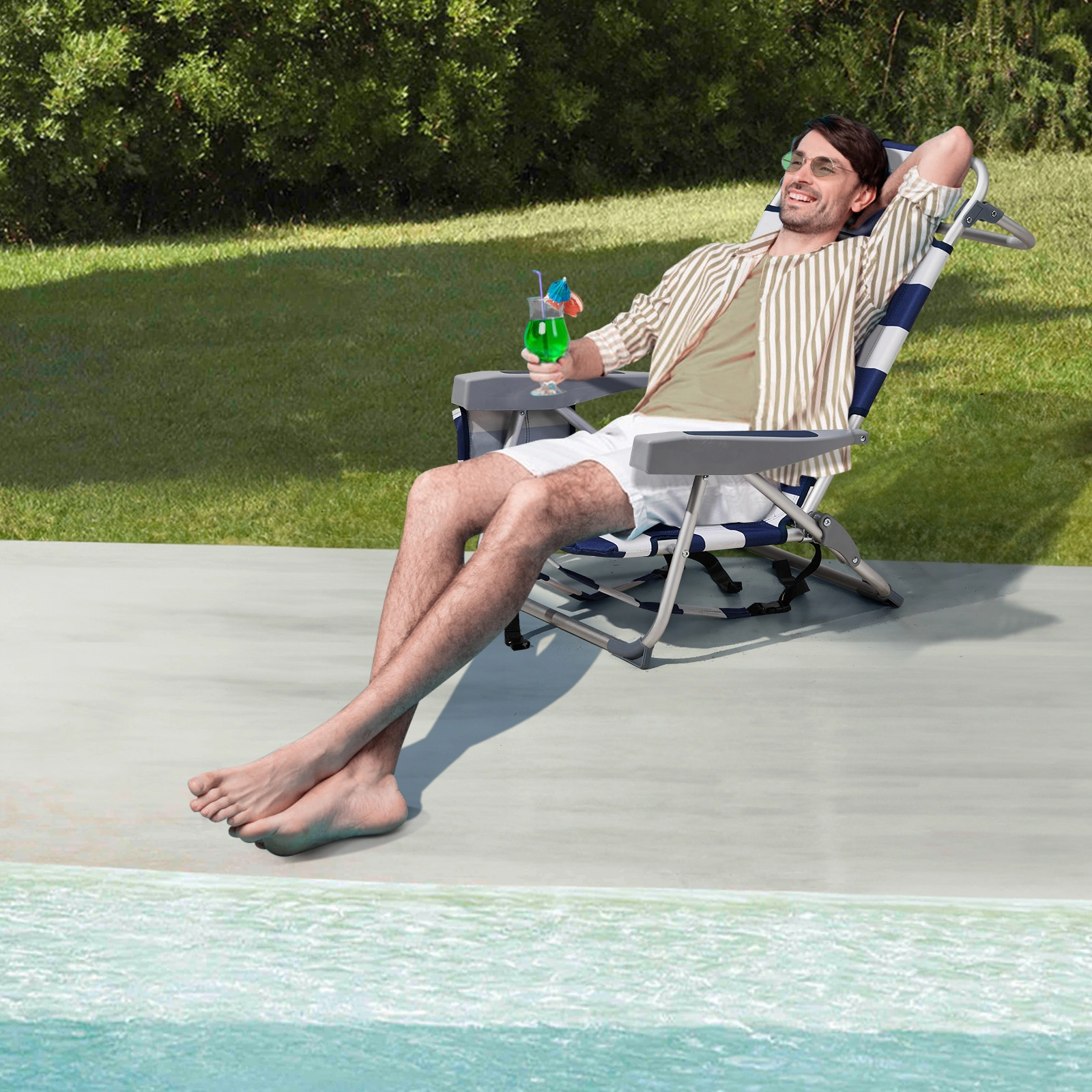 Blue White Striped Aluminum Beach Chair Oxford Fabric 7.9" Seat Height Silver Frame 100kg Capacity view 16