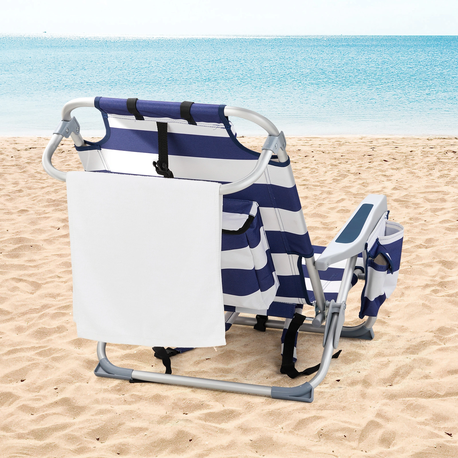 Blue White Striped Aluminum Beach Chair Oxford Fabric 7.9" Seat Height Silver Frame 100kg Capacity view 18