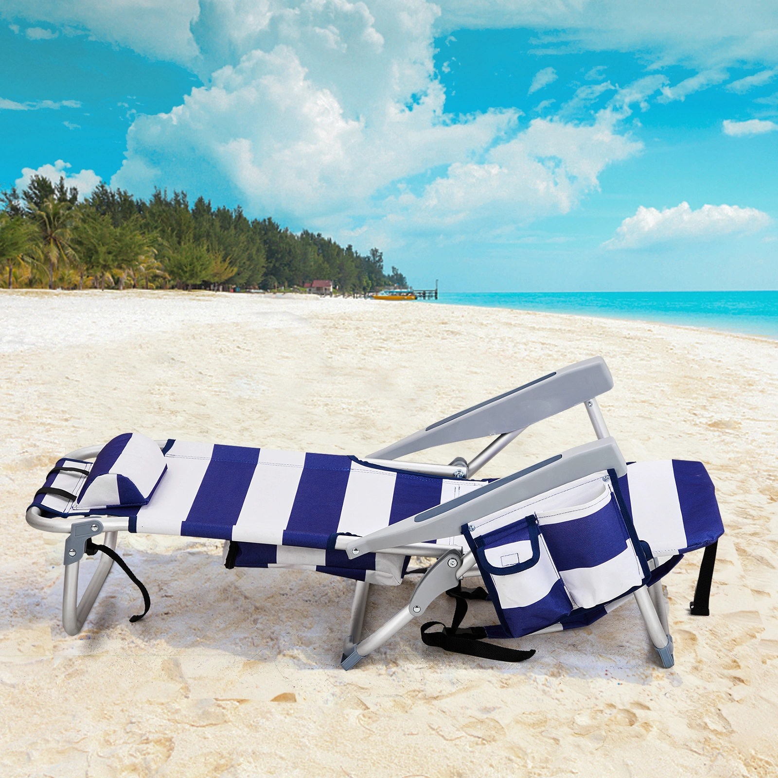 Blue White Striped Aluminum Beach Chair Oxford Fabric 7.9" Seat Height Silver Frame 100kg Capacity view 22
