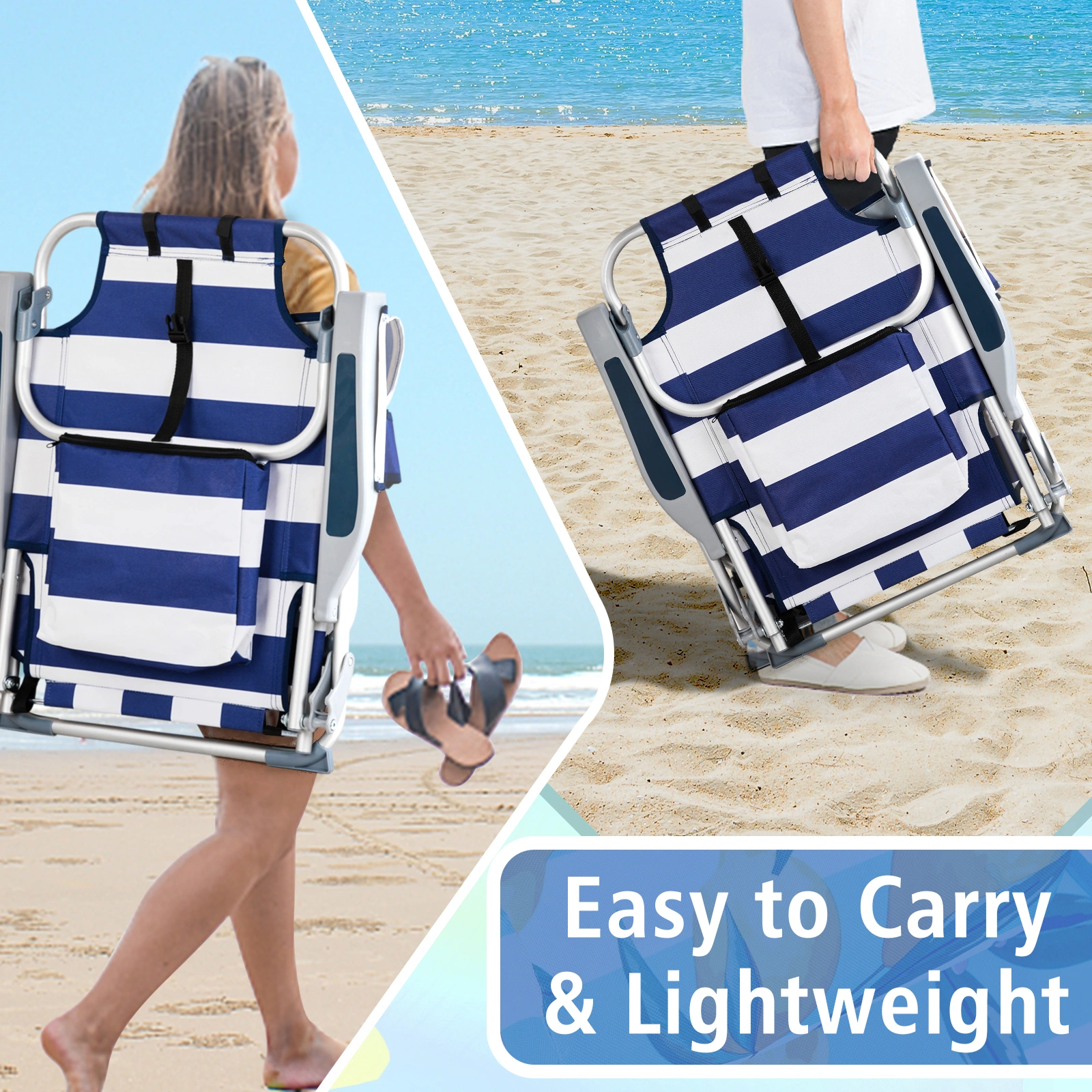 Blue White Striped Aluminum Beach Chair Oxford Fabric 7.9" Seat Height Silver Frame 100kg Capacity view 3