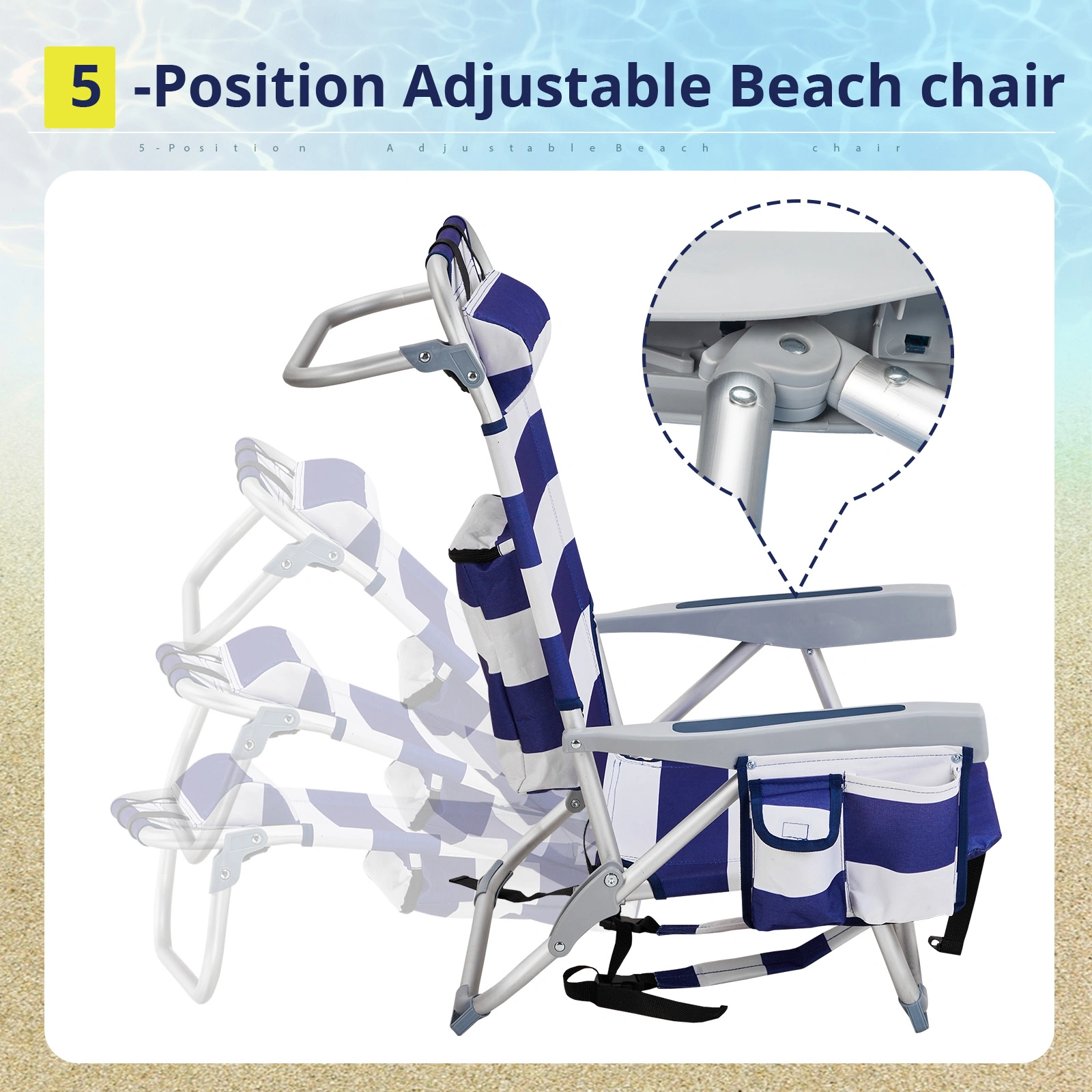 Blue White Striped Aluminum Beach Chair Oxford Fabric 7.9" Seat Height Silver Frame 100kg Capacity view 4