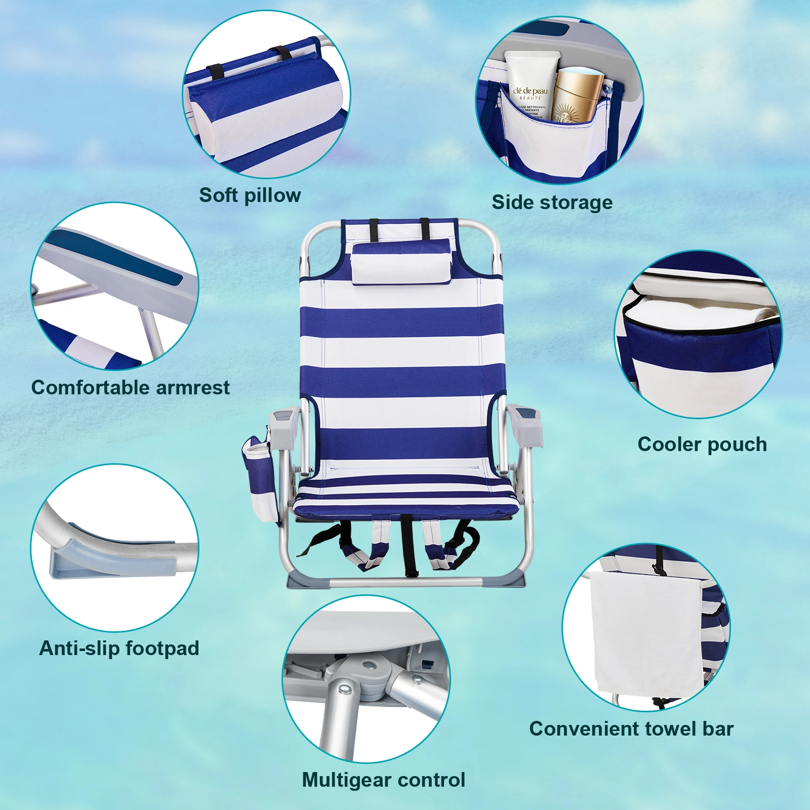 Blue White Striped Aluminum Beach Chair Oxford Fabric 7.9" Seat Height Silver Frame 100kg Capacity view 5