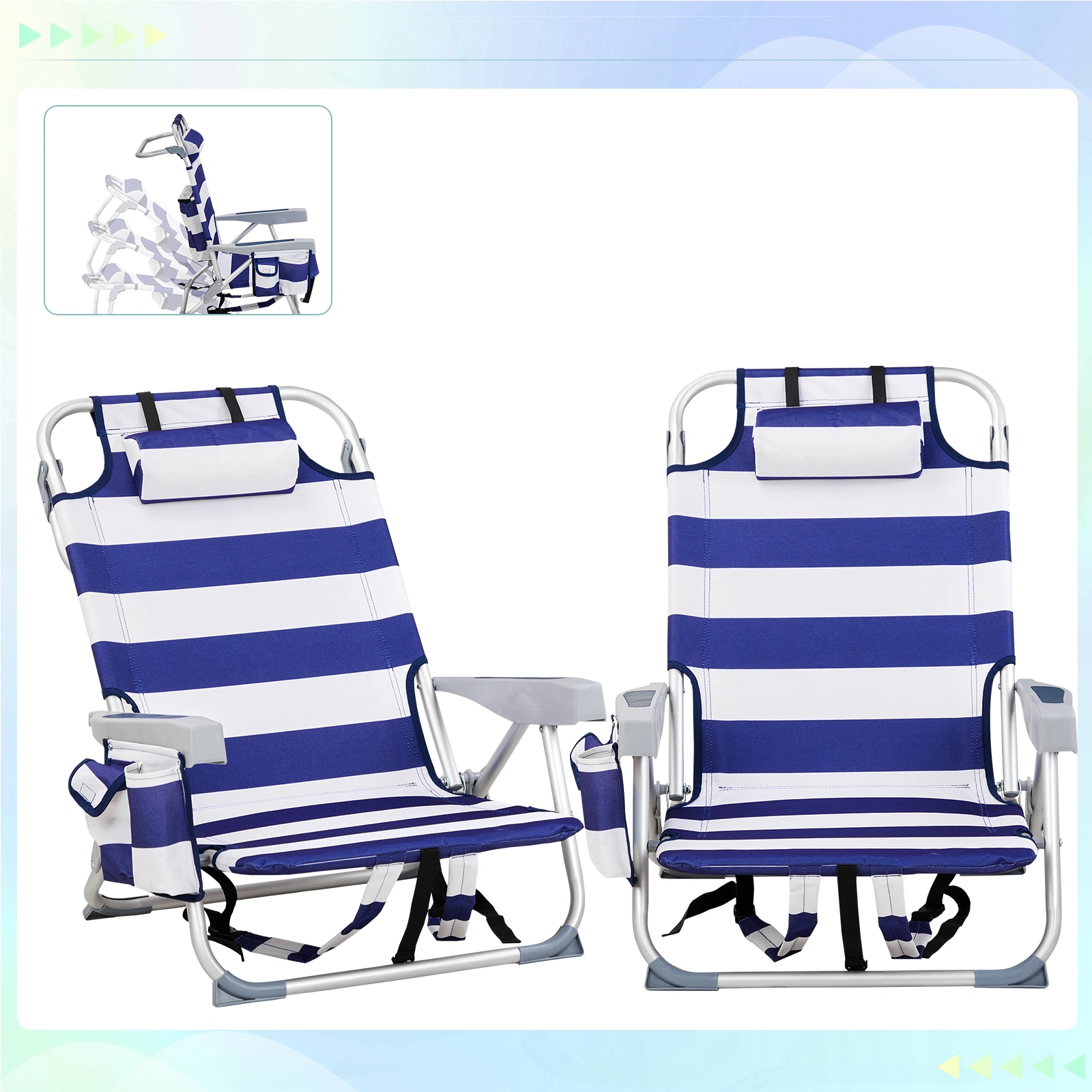 Blue White Striped Aluminum Beach Chair Oxford Fabric 7.9" Seat Height Silver Frame 100kg Capacity view 6