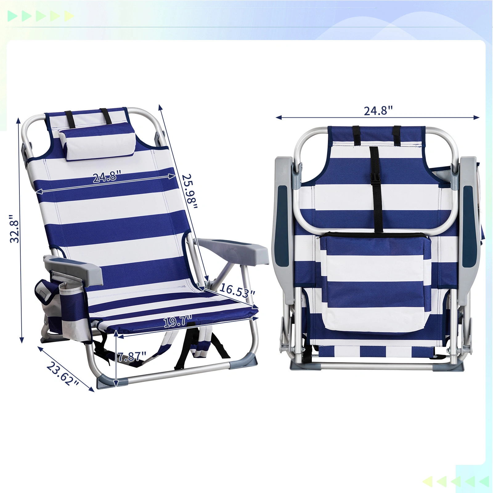 Blue White Striped Aluminum Beach Chair Oxford Fabric 7.9" Seat Height Silver Frame 100kg Capacity view 7