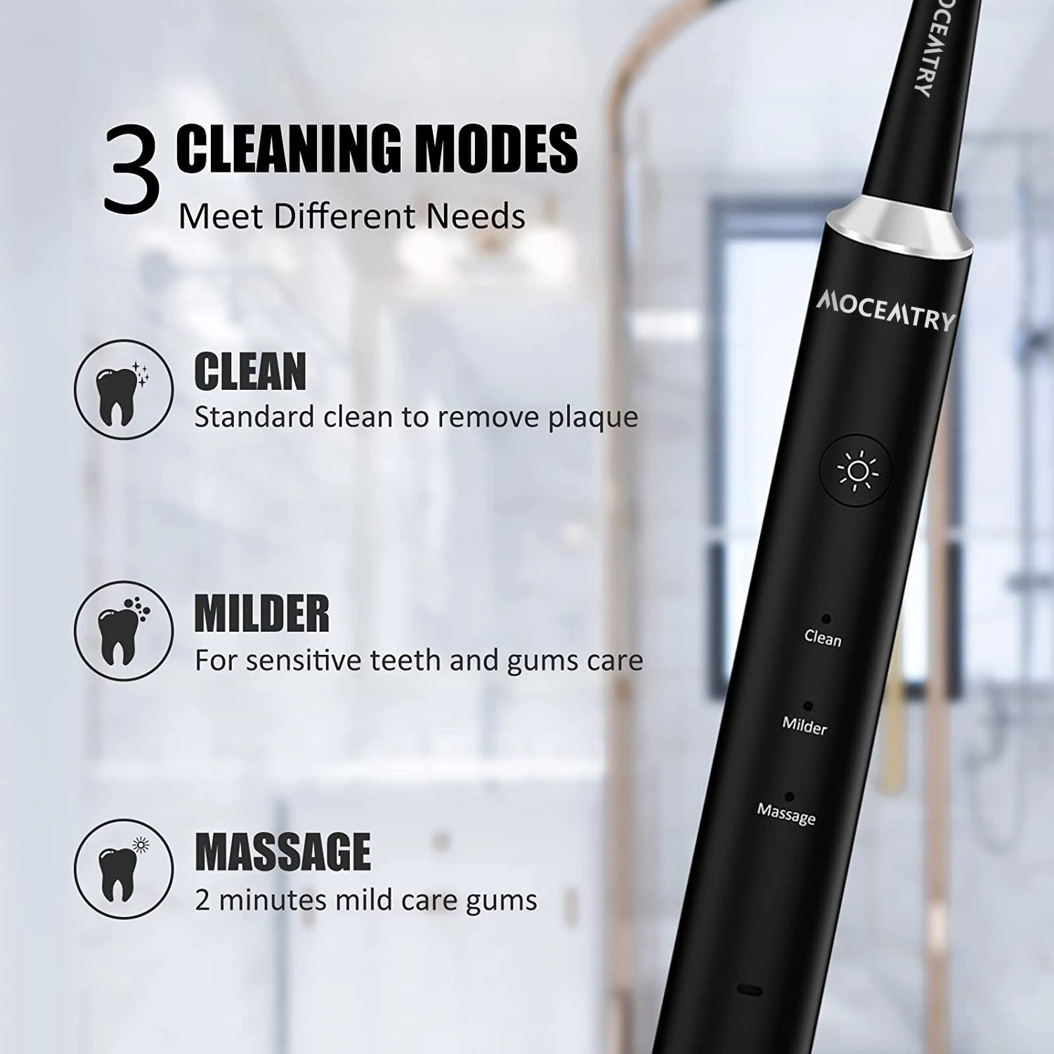 MOCEMTRY Sonic Electric Toothbrush Rechargeable, 3 Cleaning Modes, Waterproof, Whitening, Black view 2
