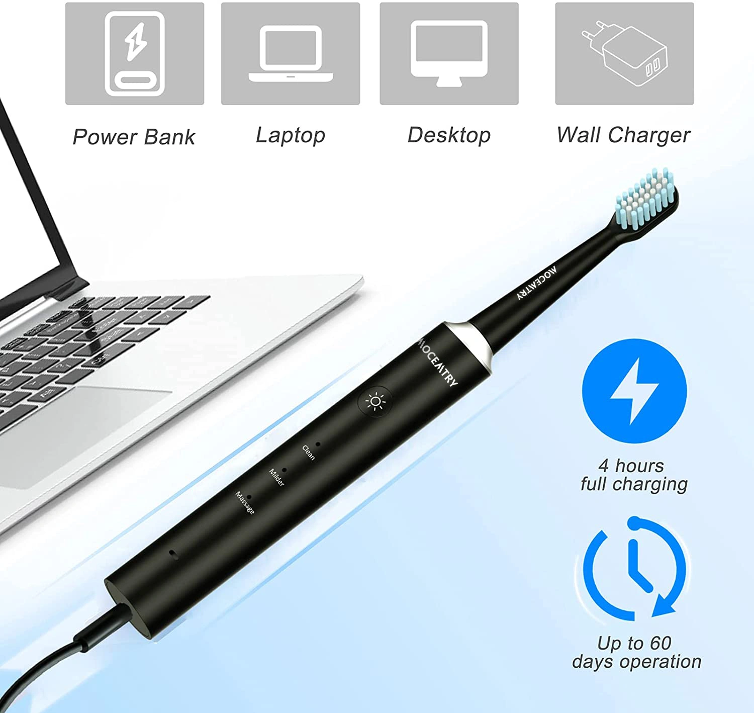 MOCEMTRY Sonic Electric Toothbrush Rechargeable, 3 Cleaning Modes, Waterproof, Whitening, Black view 3