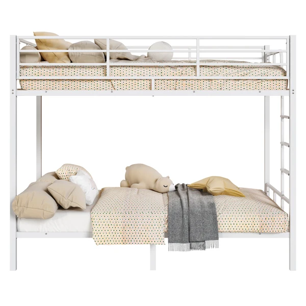 White Twin Bunk Bed Square Tube High Guardrail Side Ladder Opening Iron Bed view 5