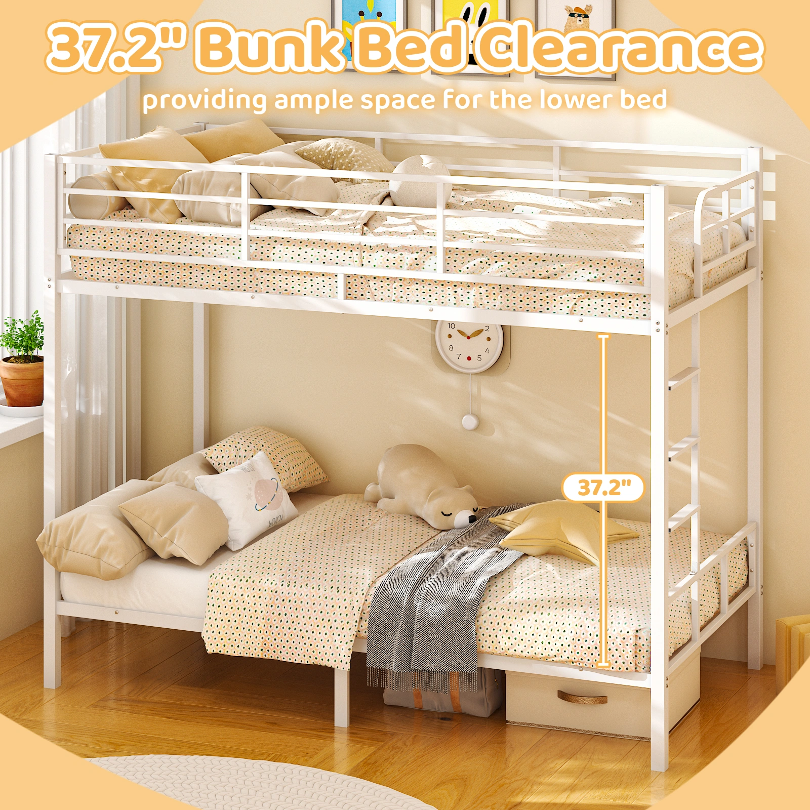 White Twin Bunk Bed Square Tube High Guardrail Side Ladder Opening Iron Bed view 11