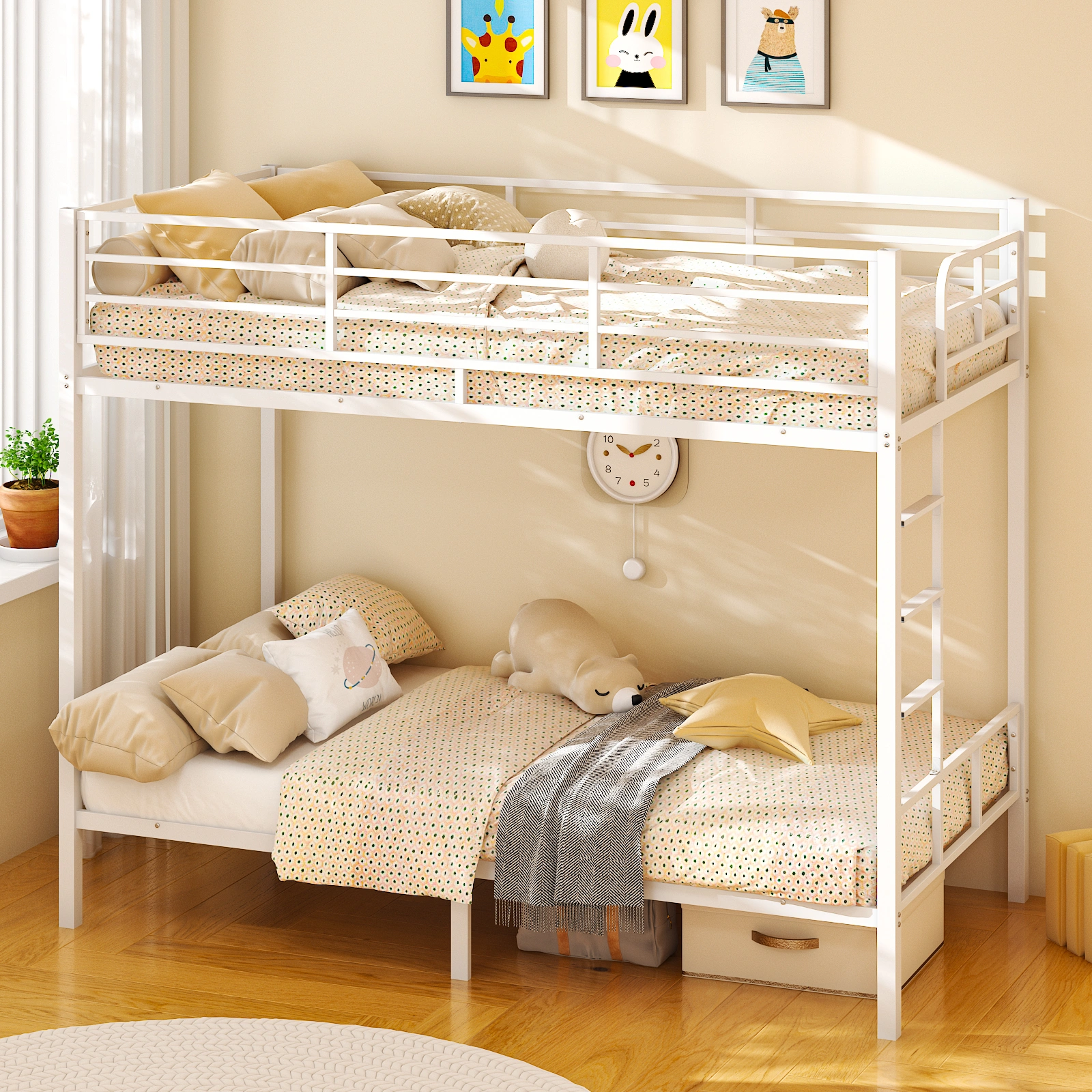 White Twin Bunk Bed Square Tube High Guardrail Side Ladder Opening Iron Bed view 14