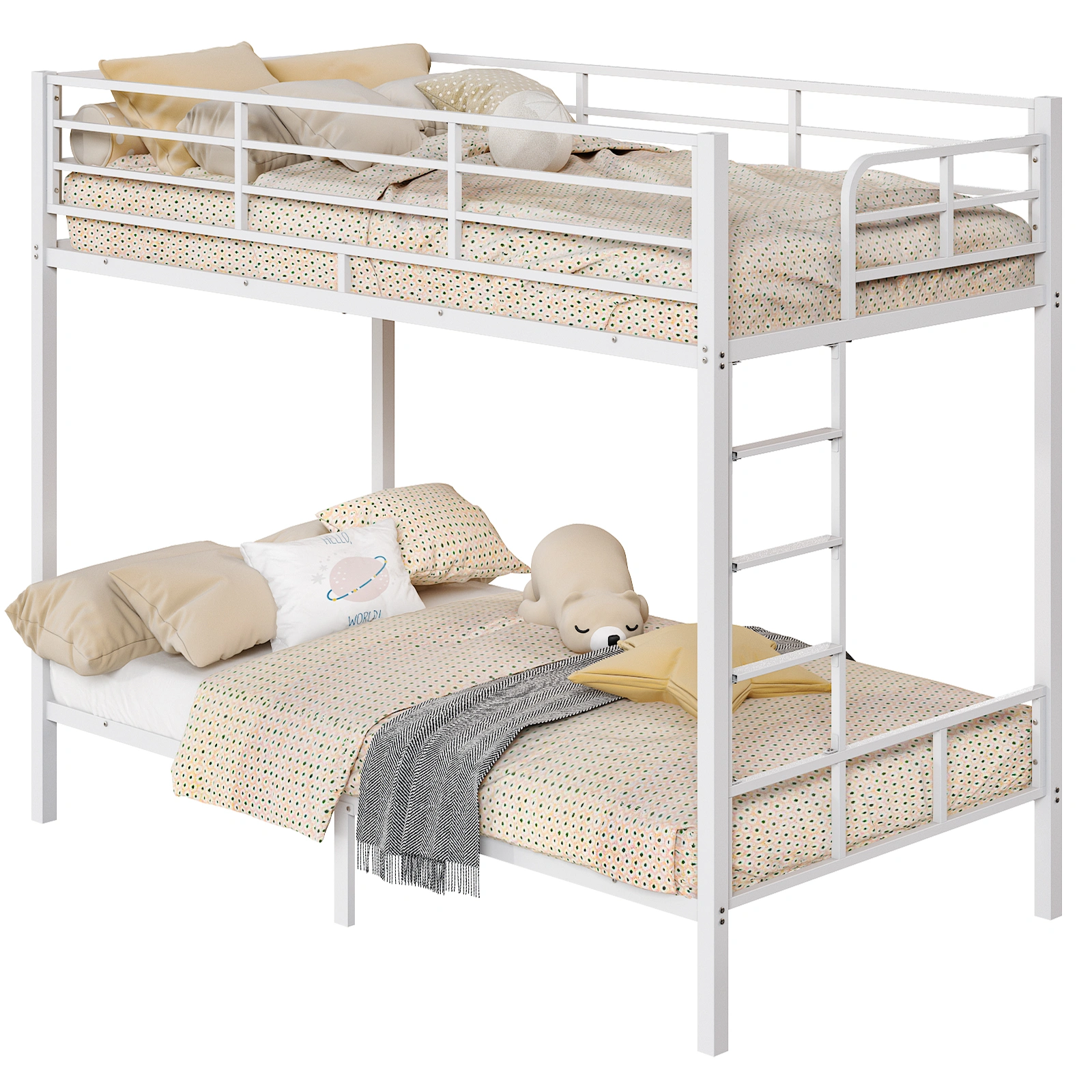 White Twin Bunk Bed Square Tube High Guardrail Side Ladder Opening Iron Bed view 6