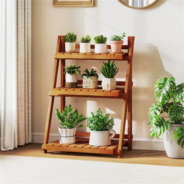 Acacia Wood 3-Tier Ladder Plant Stand, Foldable Indoor Outdoor Display Rack view 2