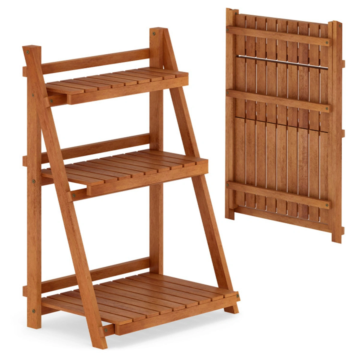 Acacia Wood 3-Tier Ladder Plant Stand, Foldable Indoor Outdoor Display Rack view 6