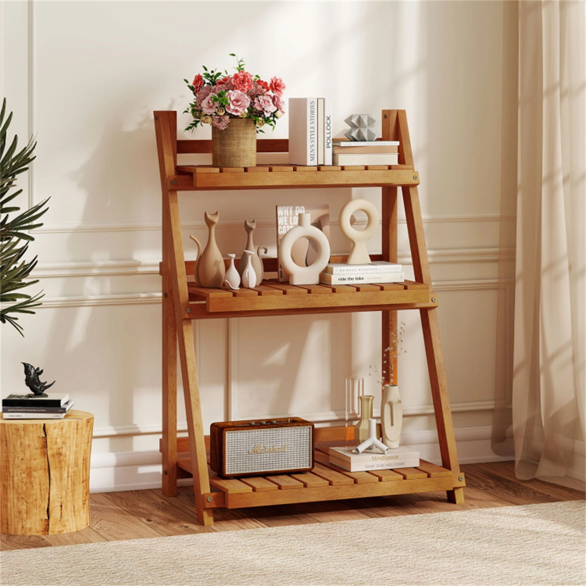 Acacia Wood 3-Tier Ladder Plant Stand, Foldable Indoor Outdoor Display Rack view 7