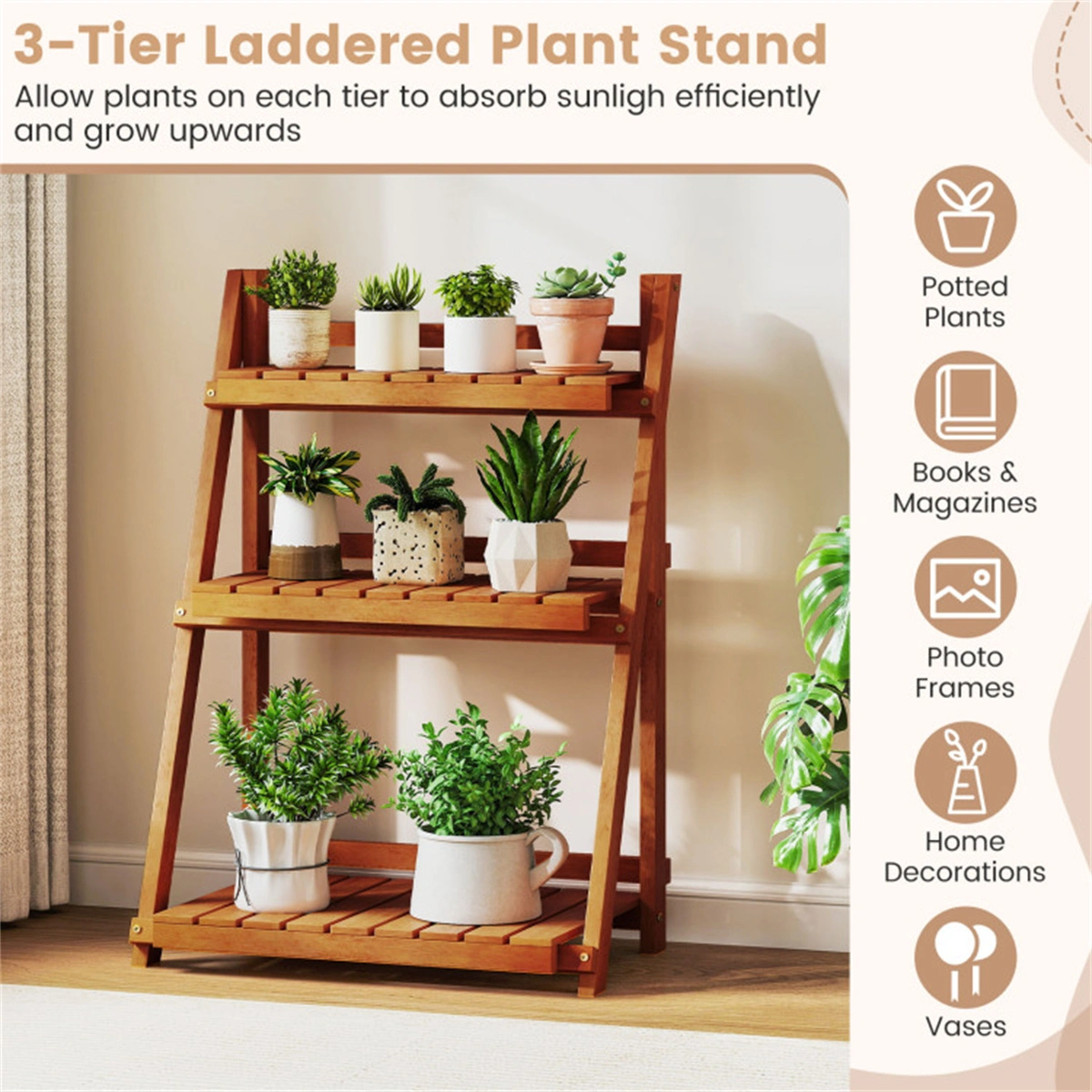 Acacia Wood 3-Tier Ladder Plant Stand, Foldable Indoor Outdoor Display Rack view 8