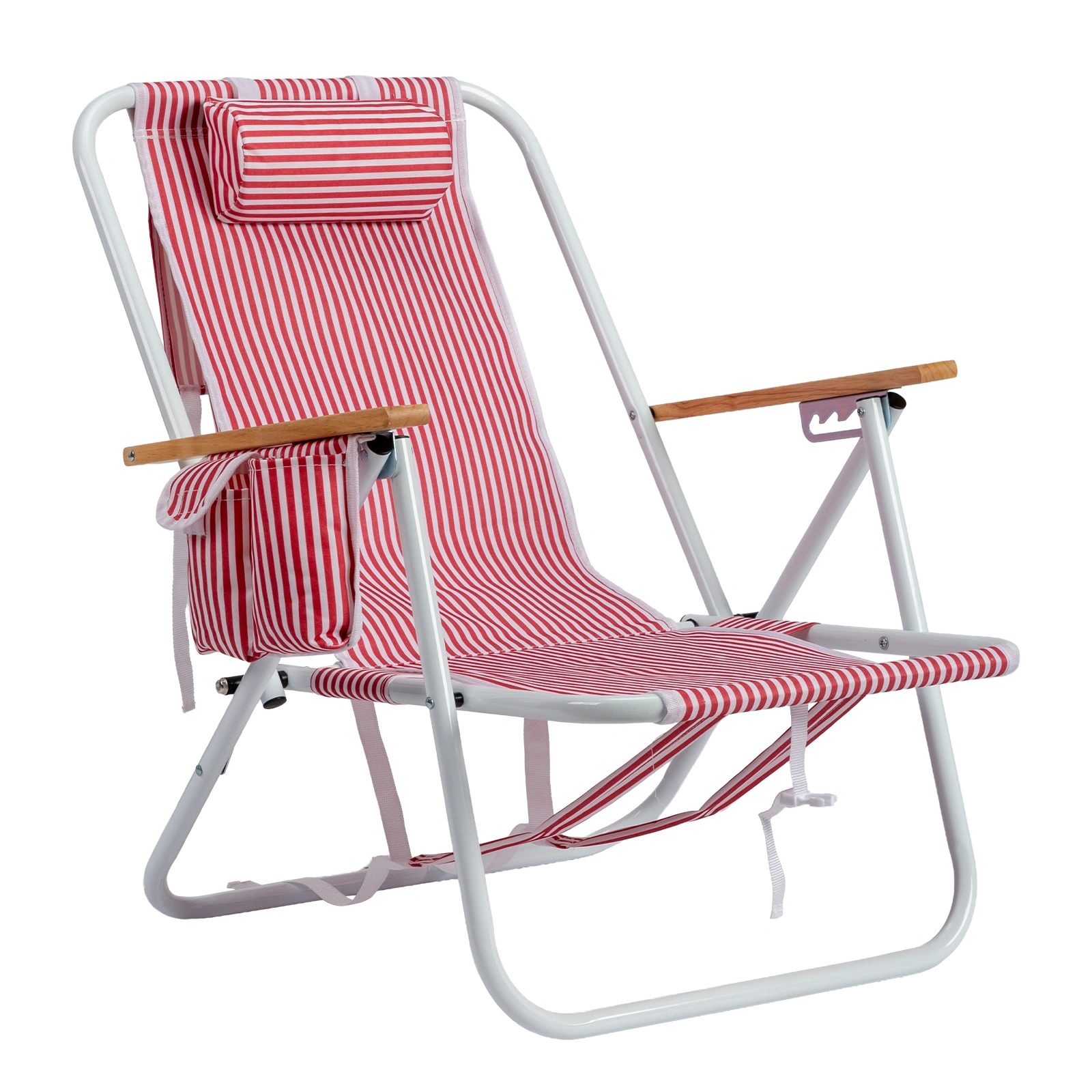 4-Position Adjustable Backpack Beach Chair, Foldable Rustproof Aluminum Frame Lounge Chair with Wooden Armrest, Side Storage Pockets & Detachable Pillow, 24"×22"×37" Outdoor Patio Camping Lawn Chair Holds up to 265 LBS, Red White Vertical Stripe