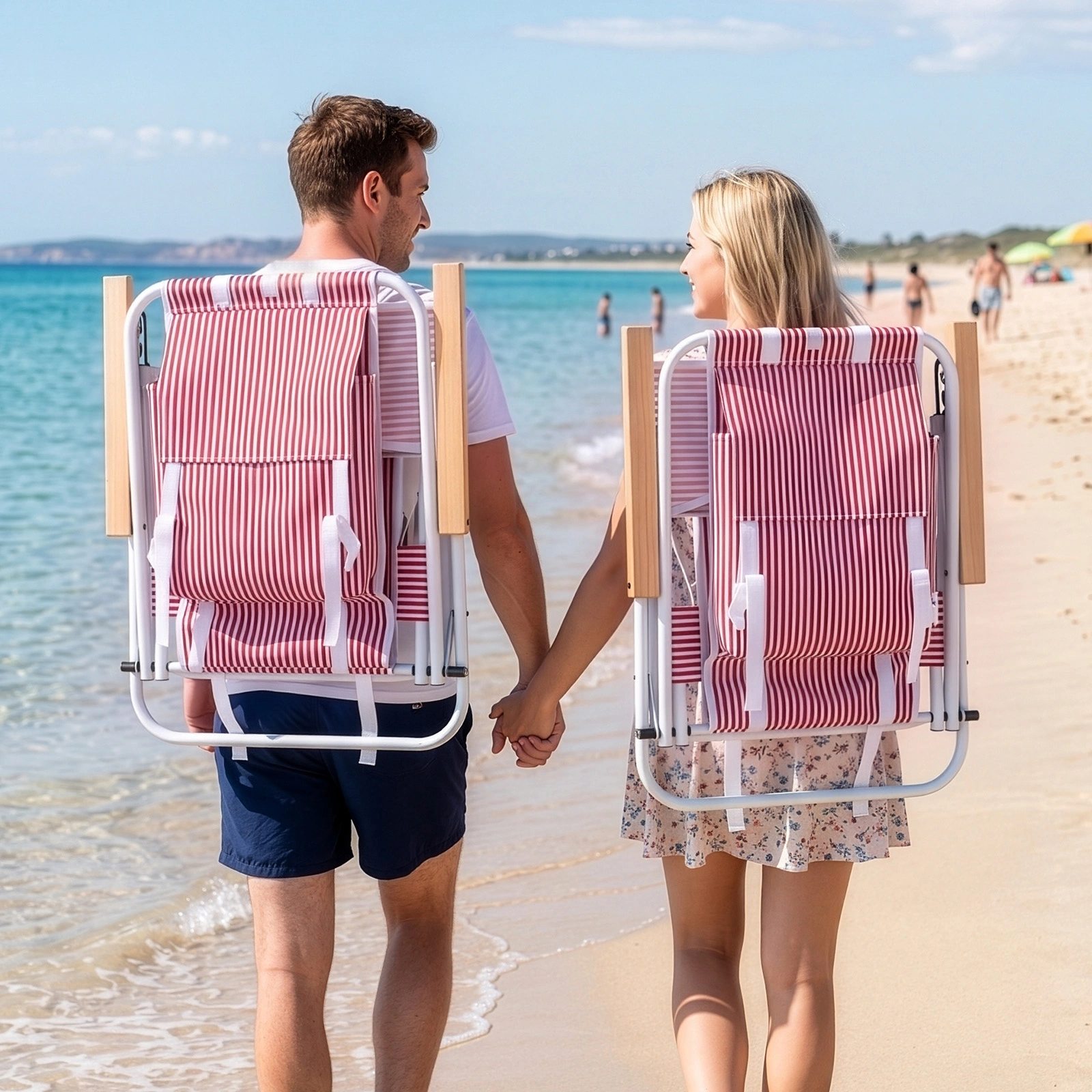 4-Position Adjustable Backpack Beach Chair, Foldable Rustproof Aluminum Frame Lounge Chair with Wooden Armrest, Side Storage Pockets & Detachable Pillow, 24"×22"×37" Outdoor Patio Camping Lawn Chair Holds up to 265 LBS, Red White Vertical Stripe view 14