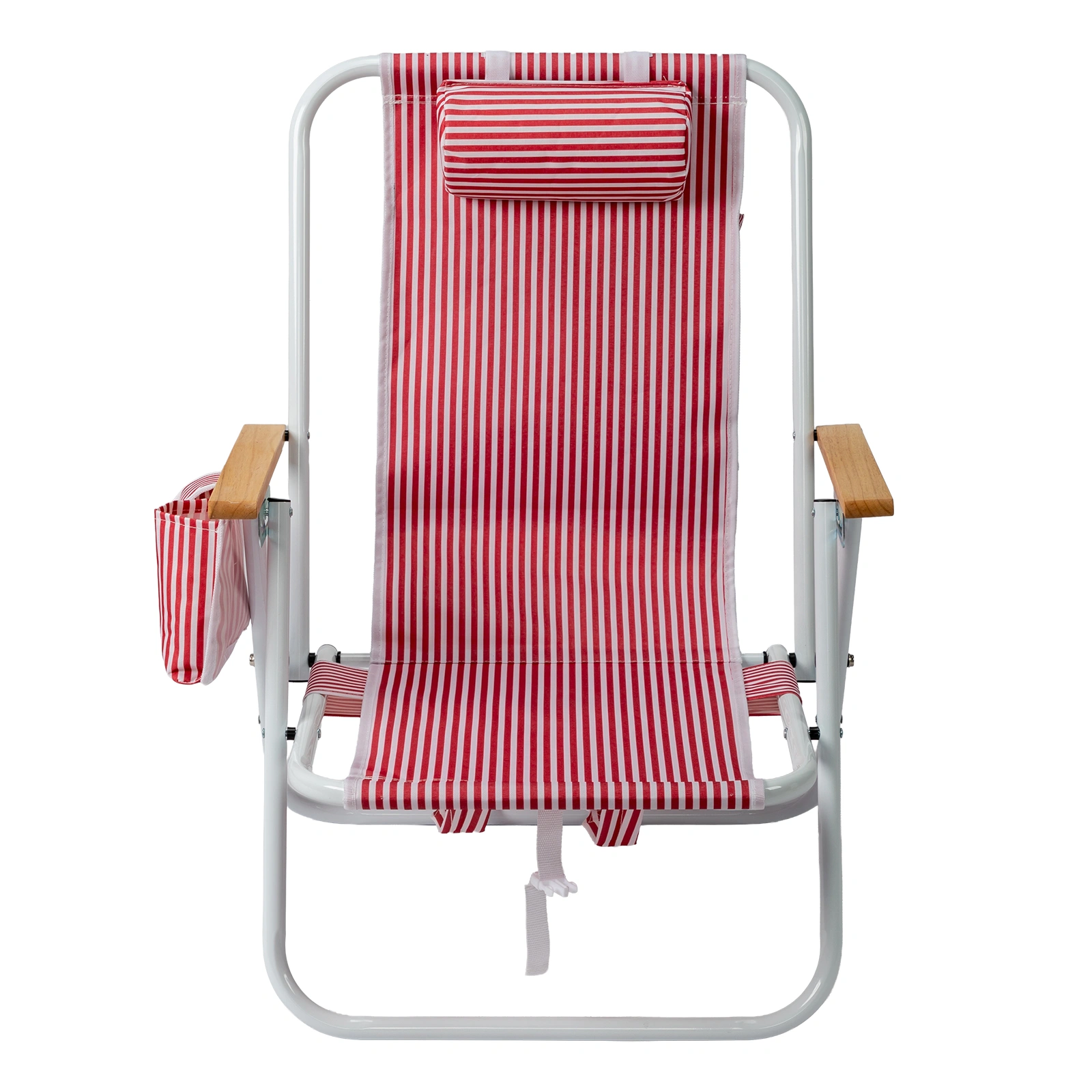 4-Position Adjustable Backpack Beach Chair, Foldable Rustproof Aluminum Frame Lounge Chair with Wooden Armrest, Side Storage Pockets & Detachable Pillow, 24"×22"×37" Outdoor Patio Camping Lawn Chair Holds up to 265 LBS, Red White Vertical Stripe view 2