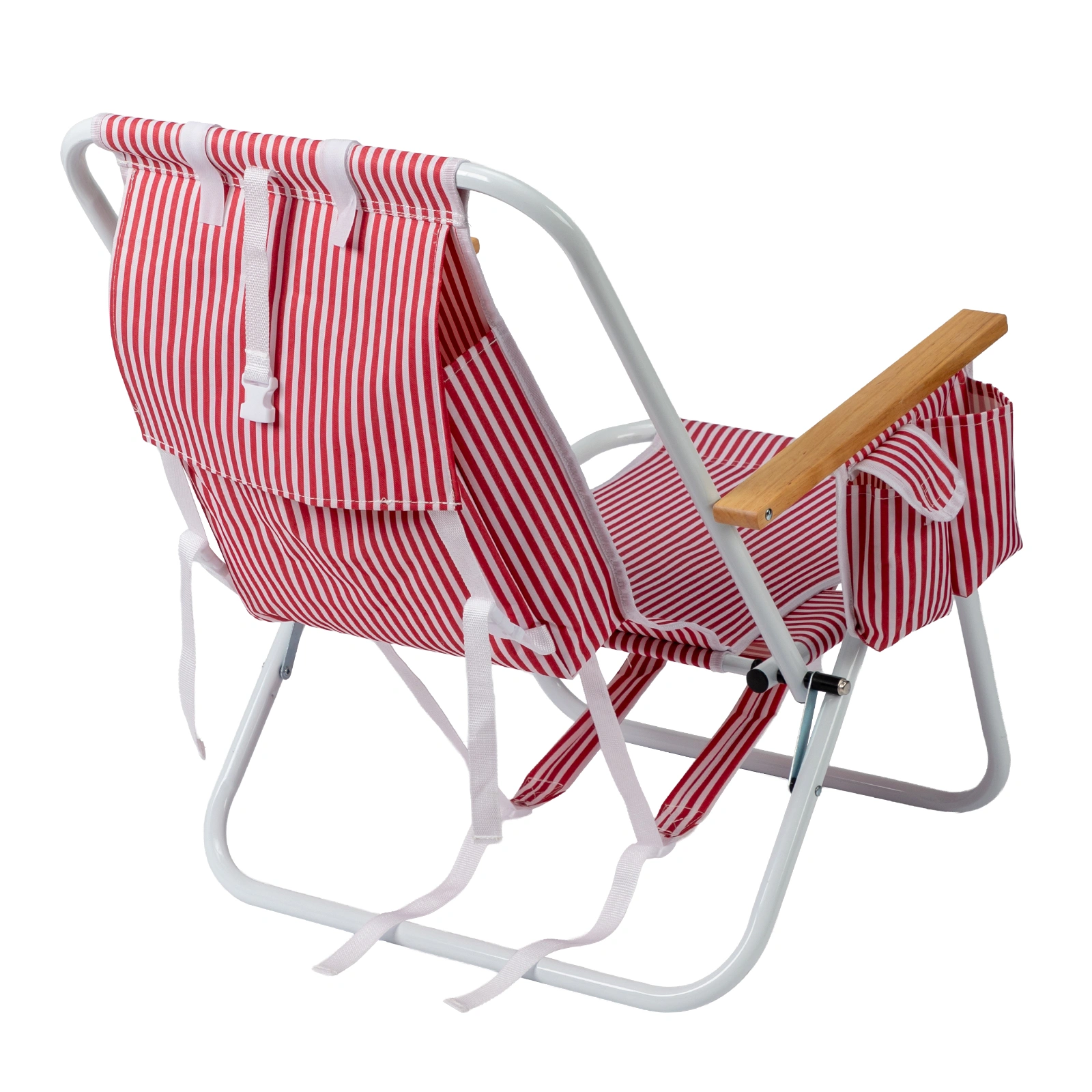 4-Position Adjustable Backpack Beach Chair, Foldable Rustproof Aluminum Frame Lounge Chair with Wooden Armrest, Side Storage Pockets & Detachable Pillow, 24"×22"×37" Outdoor Patio Camping Lawn Chair Holds up to 265 LBS, Red White Vertical Stripe view 3