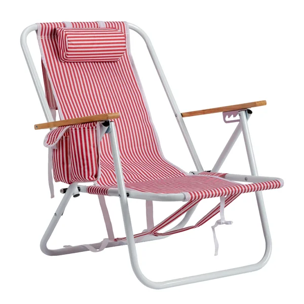 4-Position Adjustable Backpack Beach Chair, Foldable Rustproof Aluminum Frame Lounge Chair with Wooden Armrest, Side Storage Pockets & Detachable Pillow, 24"×22"×37" Outdoor Patio Camping Lawn Chair Holds up to 265 LBS, Red White Vertical Stripe
