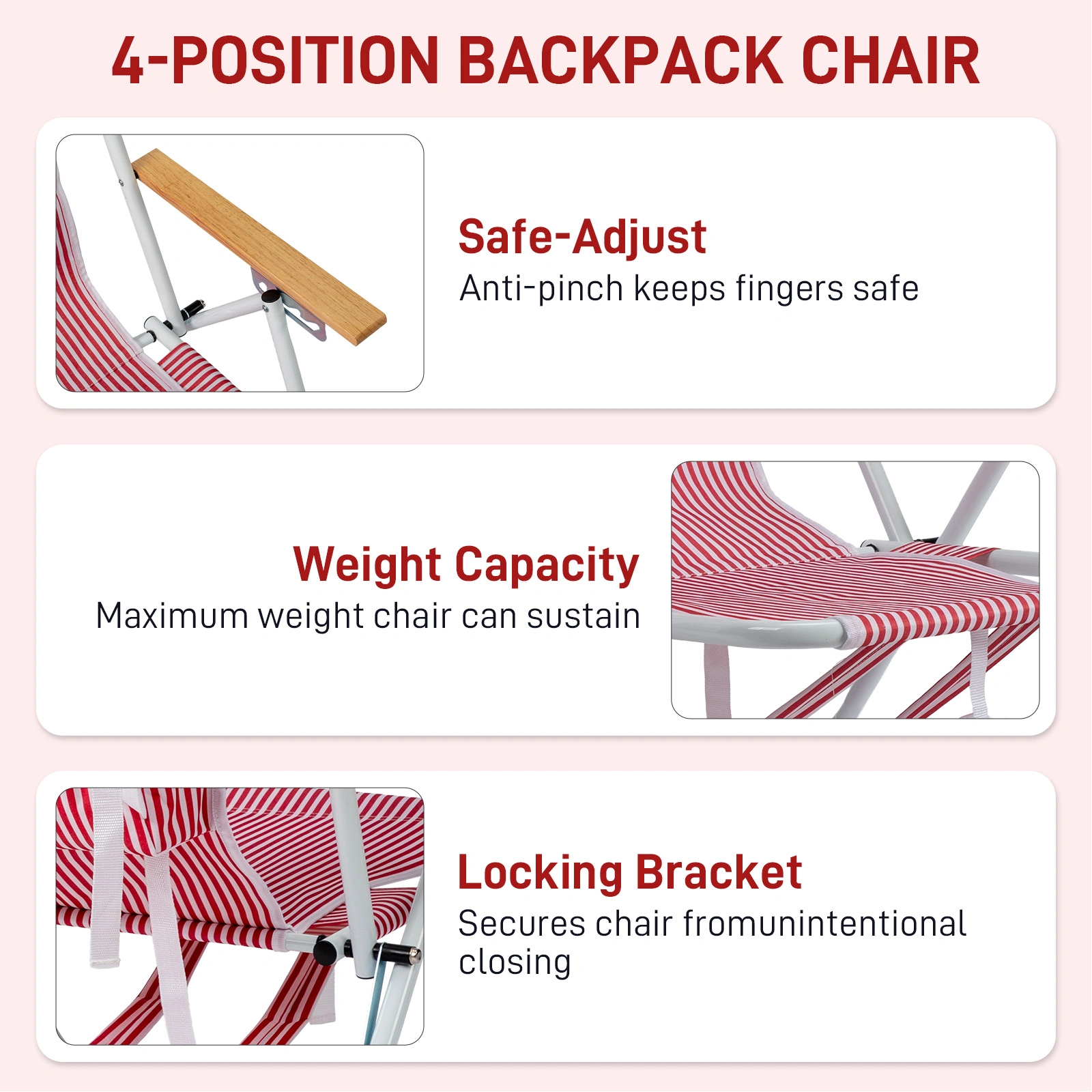 4-Position Adjustable Backpack Beach Chair, Foldable Rustproof Aluminum Frame Lounge Chair with Wooden Armrest, Side Storage Pockets & Detachable Pillow, 24"×22"×37" Outdoor Patio Camping Lawn Chair Holds up to 265 LBS, Red White Vertical Stripe view 5