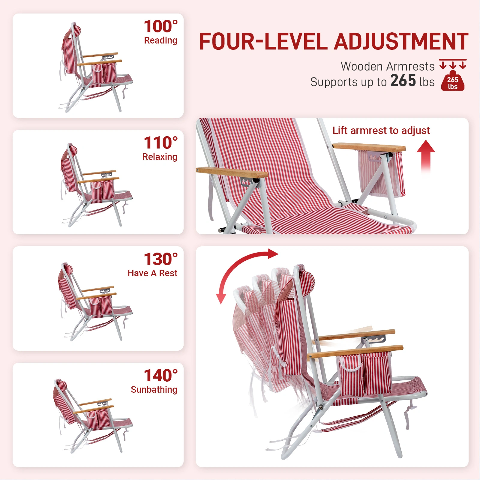 4-Position Adjustable Backpack Beach Chair, Foldable Rustproof Aluminum Frame Lounge Chair with Wooden Armrest, Side Storage Pockets & Detachable Pillow, 24"×22"×37" Outdoor Patio Camping Lawn Chair Holds up to 265 LBS, Red White Vertical Stripe view 6