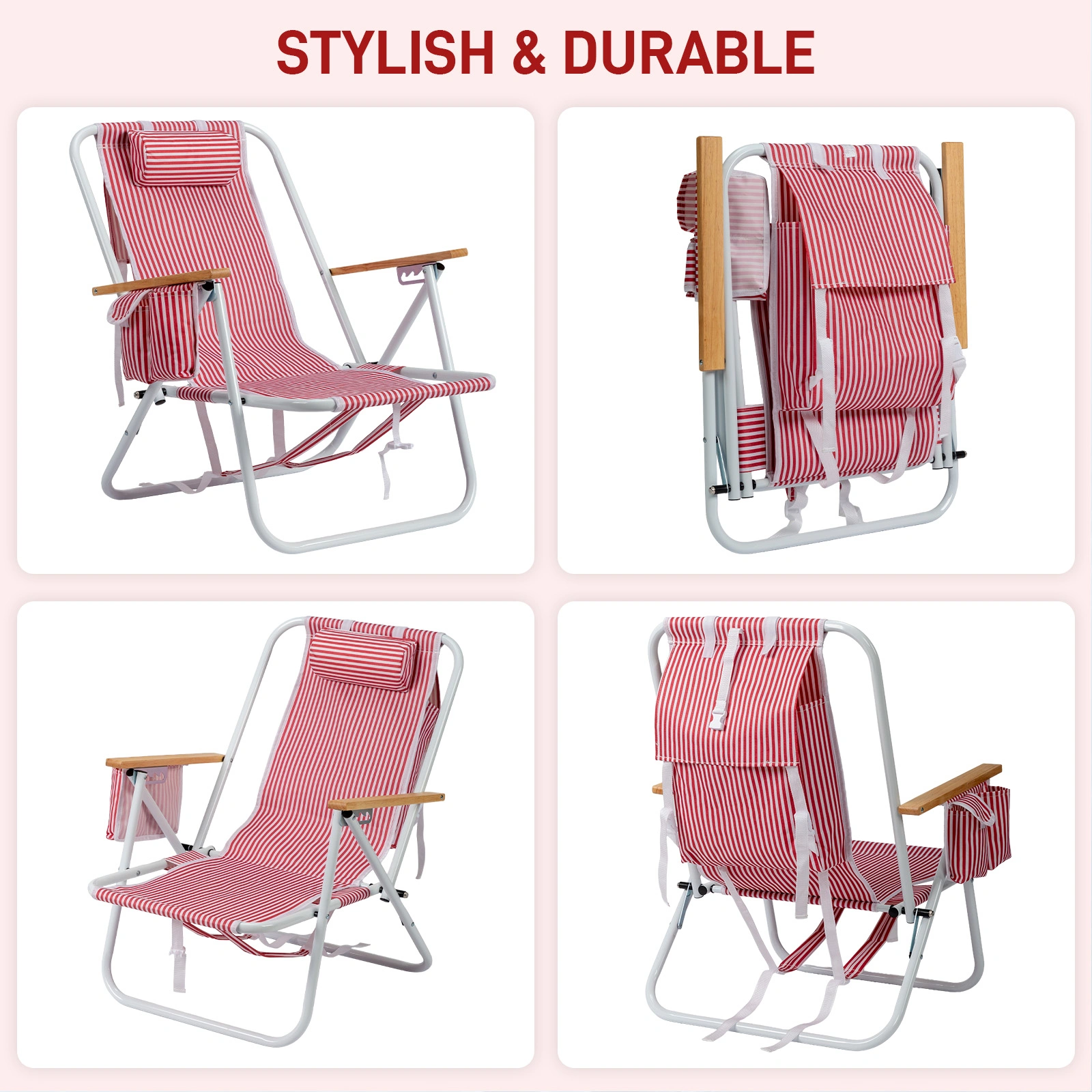 4-Position Adjustable Backpack Beach Chair, Foldable Rustproof Aluminum Frame Lounge Chair with Wooden Armrest, Side Storage Pockets & Detachable Pillow, 24"×22"×37" Outdoor Patio Camping Lawn Chair Holds up to 265 LBS, Red White Vertical Stripe view 8