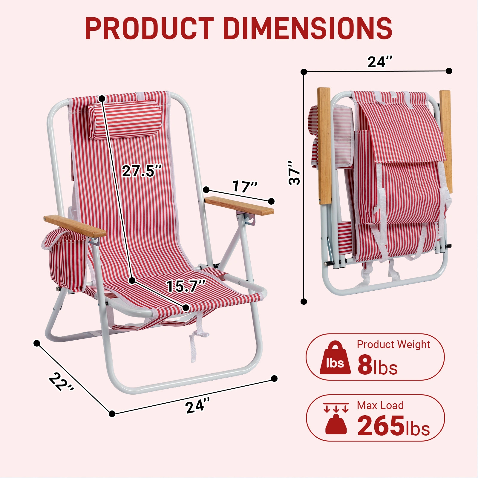 4-Position Adjustable Backpack Beach Chair, Foldable Rustproof Aluminum Frame Lounge Chair with Wooden Armrest, Side Storage Pockets & Detachable Pillow, 24"×22"×37" Outdoor Patio Camping Lawn Chair Holds up to 265 LBS, Red White Vertical Stripe view 9
