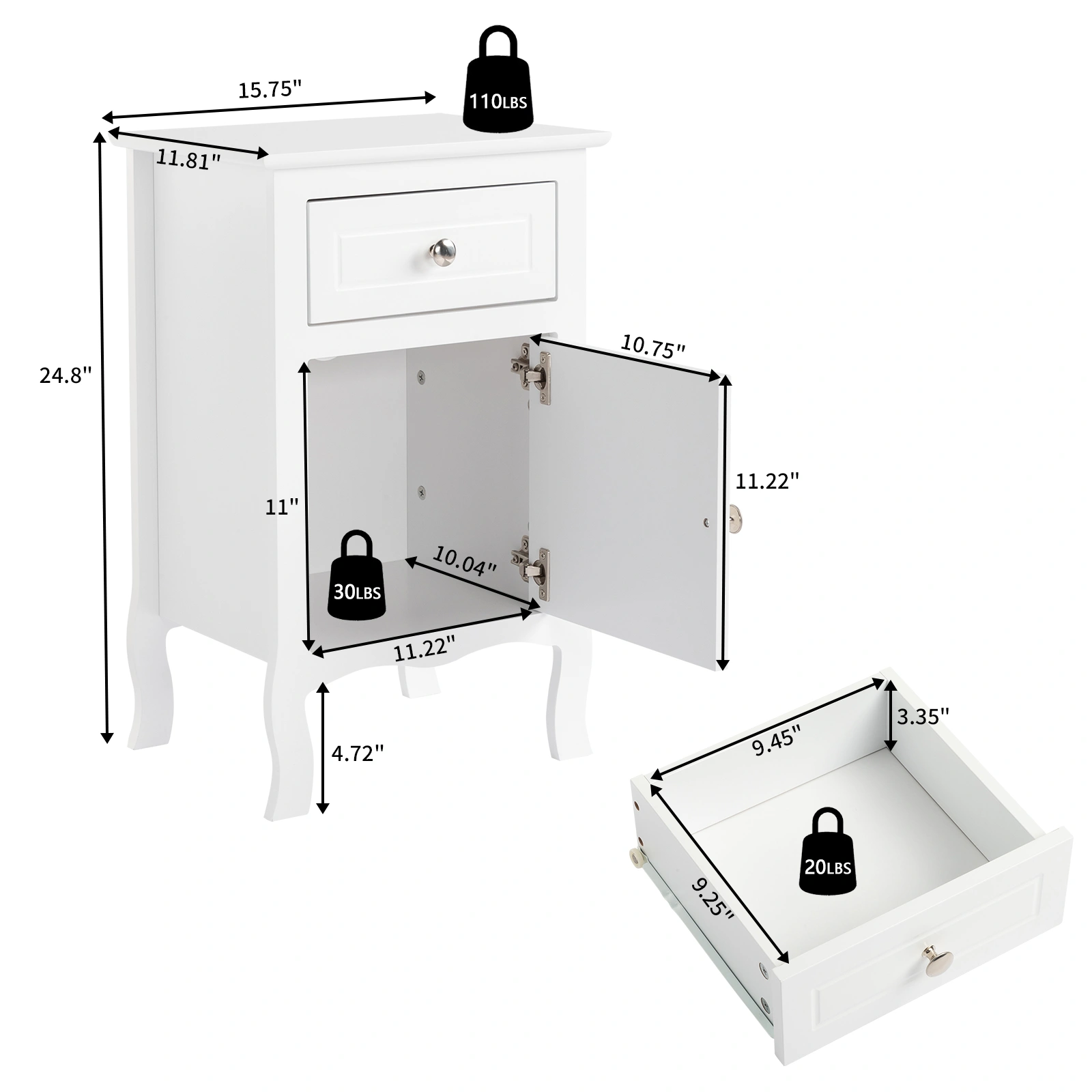 2PCS Country White Nightstands 40x30x63cm, MDF Curved Foot Side Table, 1 Drawer & 1 Door, Spray Paint Finish view 2