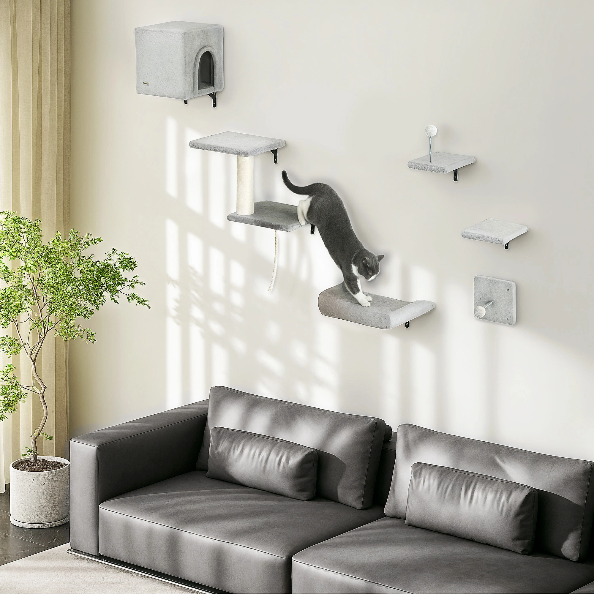 Cat Wall Shelves, 3-Tier Cat Tree Climbing Tower with Scratching Post, Wall Mounted Cat Perch, Space-Saving Cat Activity Center