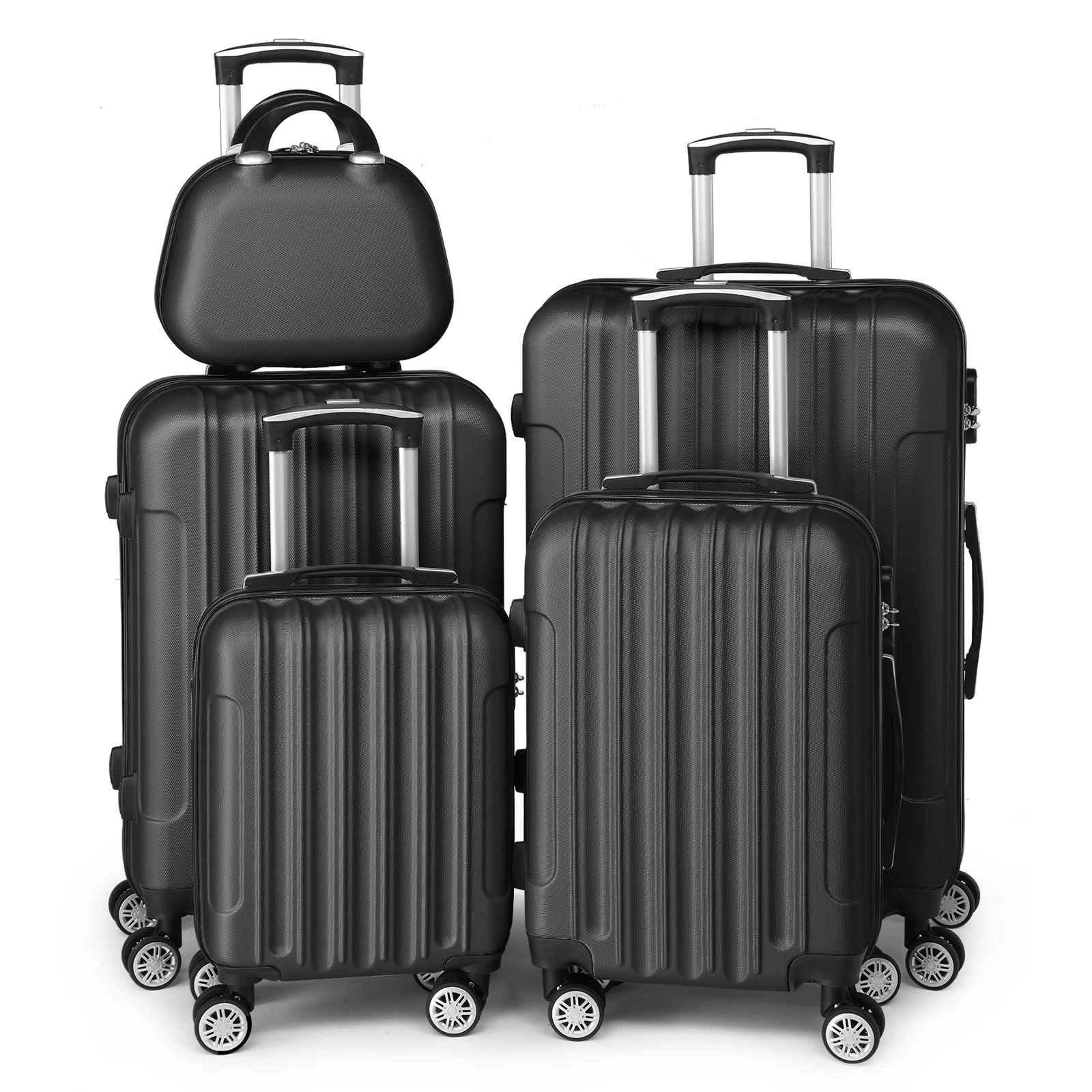 5-Piece Hard Shell ABS Suitcase Set with Cosmetic Case & Vanity Case, Travel Luggage Set, Black