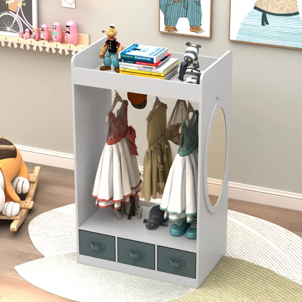 Kids Costume Organizer, Costume Rack, Kids Armoire, Open Hanging Armoire Closet with Mirror-WHITE view 6