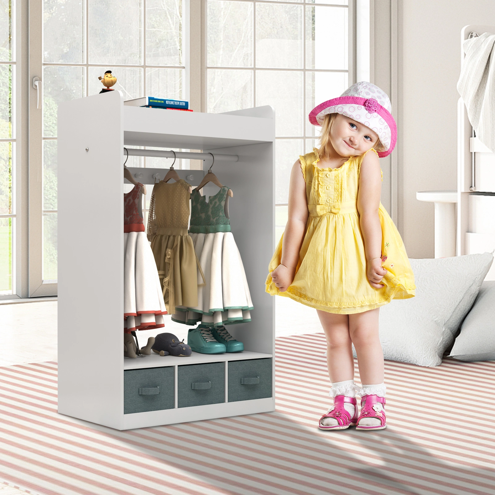 Kids Costume Organizer, Costume Rack, Kids Armoire, Open Hanging Armoire Closet with Mirror-WHITE view 15