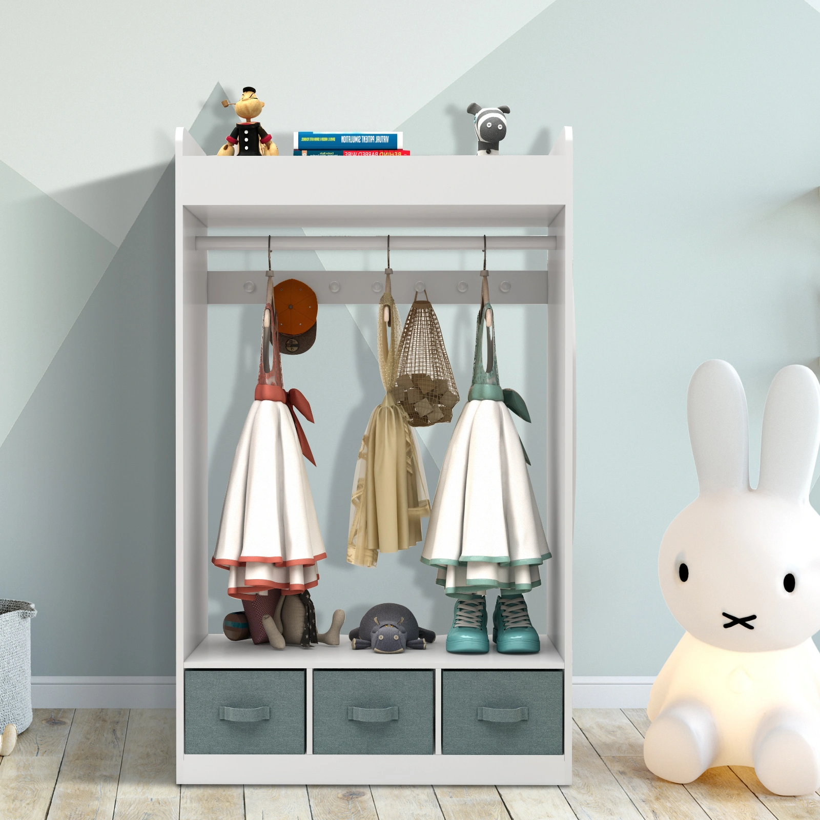 Kids Costume Organizer, Costume Rack, Kids Armoire, Open Hanging Armoire Closet with Mirror-WHITE view 18