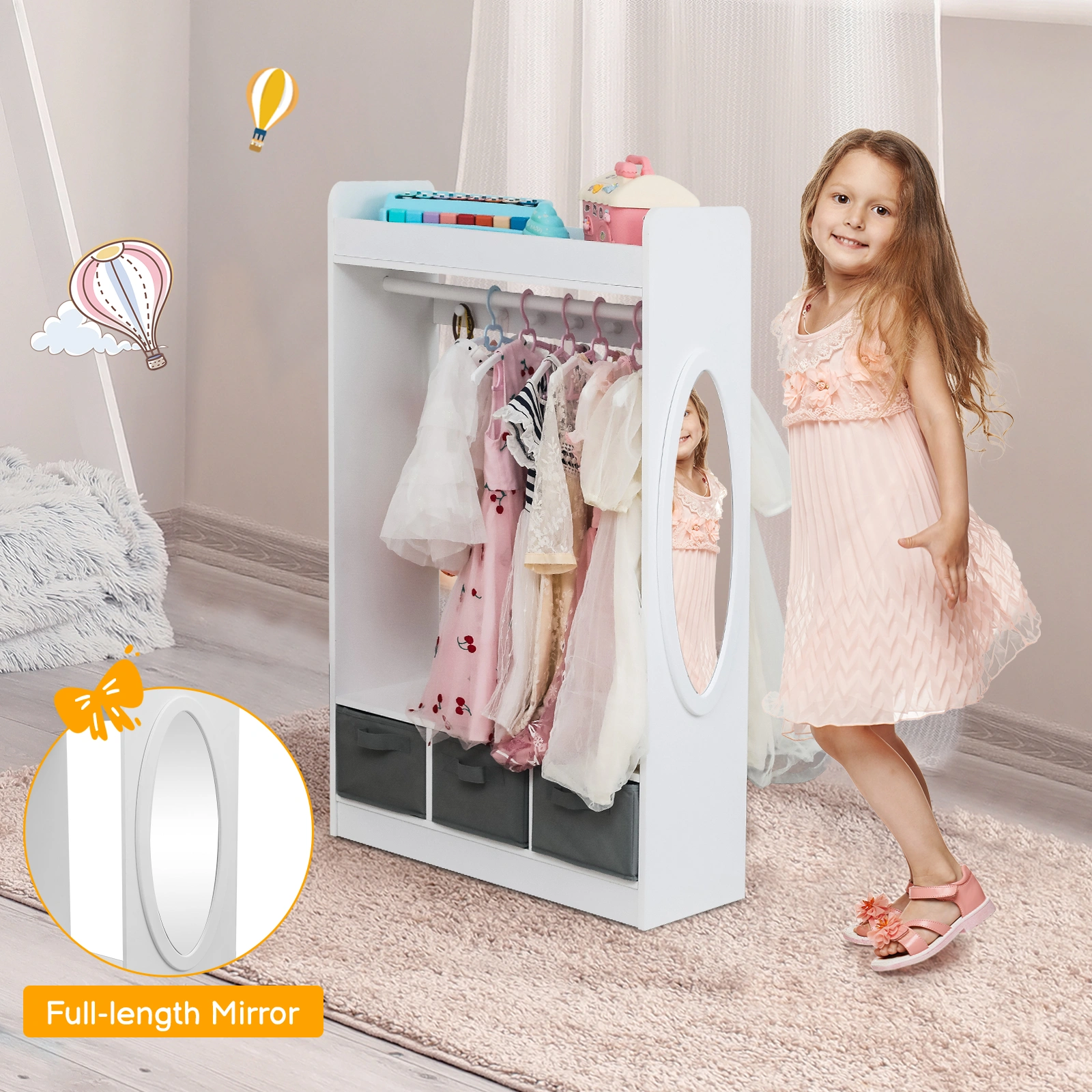 Kids Costume Organizer, Costume Rack, Kids Armoire, Open Hanging Armoire Closet with Mirror-WHITE view 22