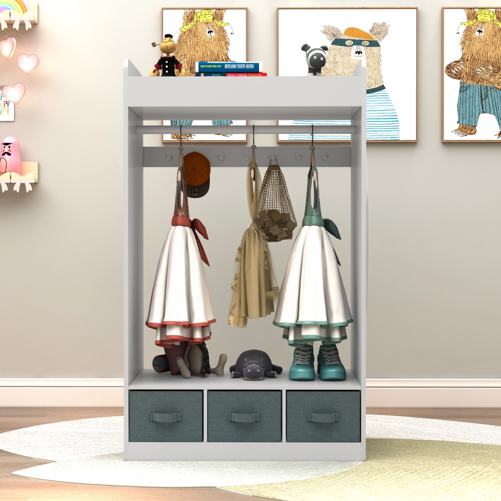 Kids Costume Organizer, Costume Rack, Kids Armoire, Open Hanging Armoire Closet with Mirror-WHITE view 23