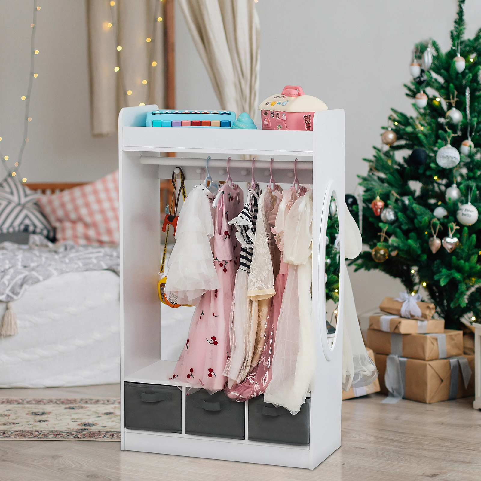 Kids Costume Organizer, Costume Rack, Kids Armoire, Open Hanging Armoire Closet with Mirror-WHITE view 28
