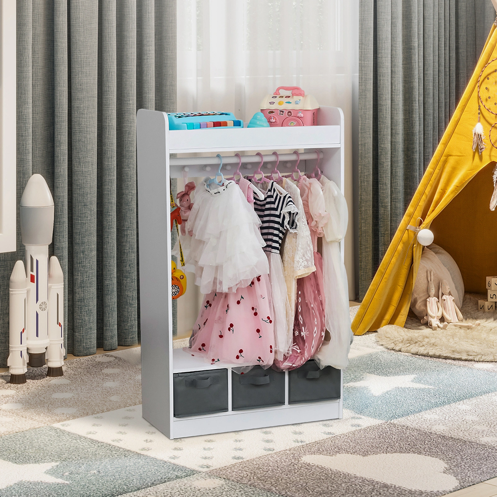 Kids Costume Organizer, Costume Rack, Kids Armoire, Open Hanging Armoire Closet with Mirror-WHITE view 29