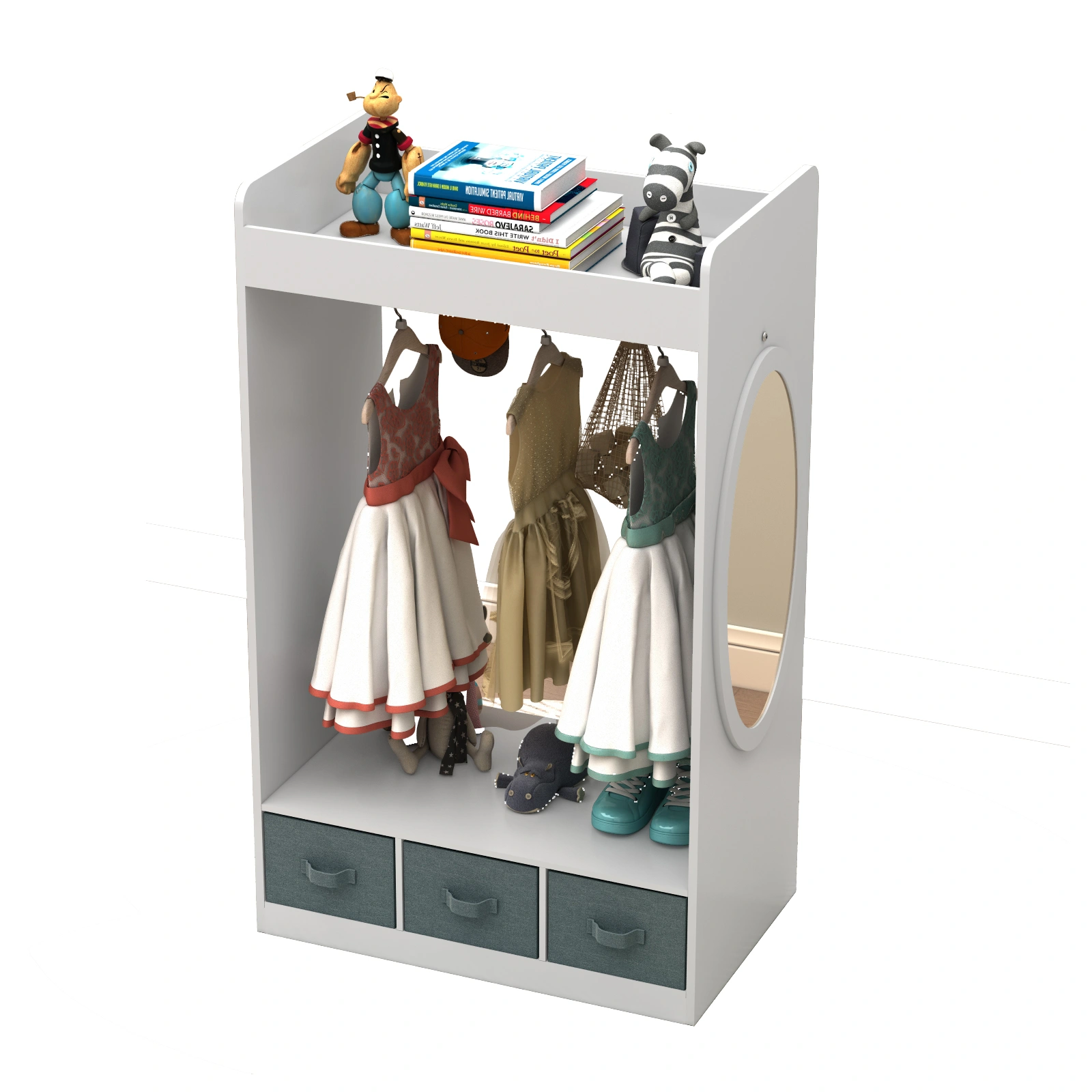 Kids Costume Organizer, Costume Rack, Kids Armoire, Open Hanging Armoire Closet with Mirror-WHITE view 3