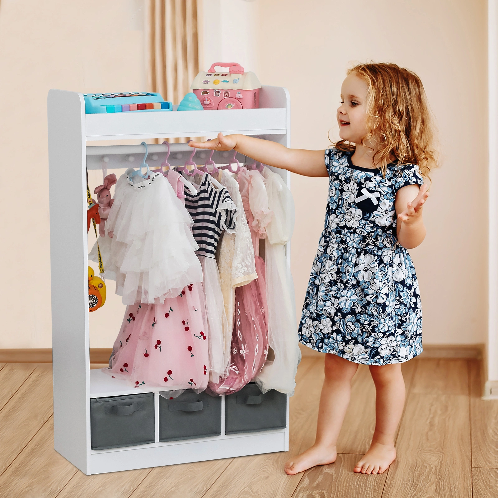 Kids Costume Organizer, Costume Rack, Kids Armoire, Open Hanging Armoire Closet with Mirror-WHITE view 30