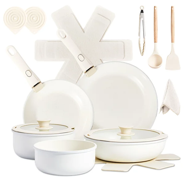 19-Piece Cookware Set, 5 Pots and 2 Lids, Removable Handles, Non-Stick Aluminum Pots and Pans, Microwave & Oven Safe, Dishwasher Safe, Cream White view 4