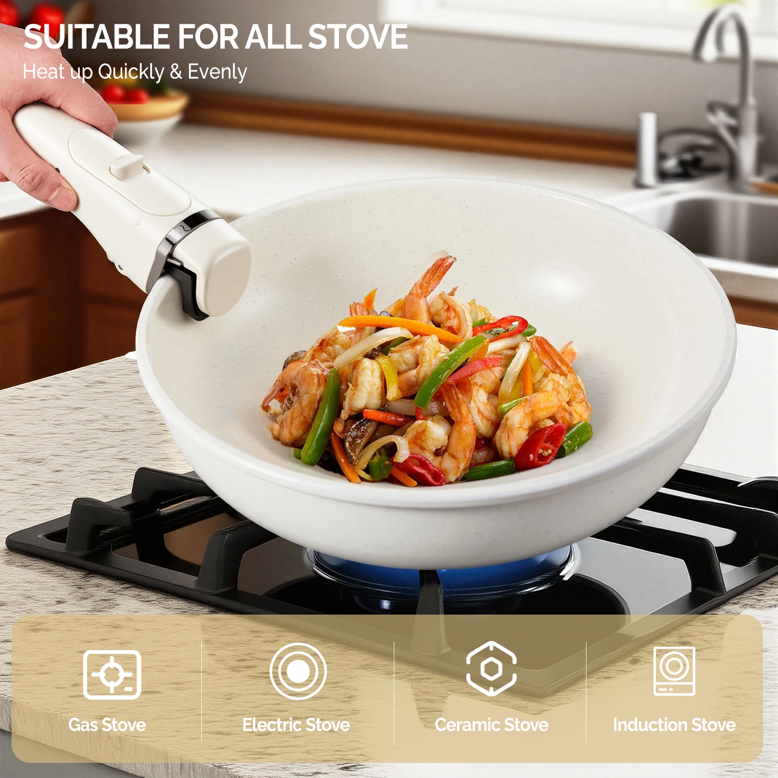 19-Piece Cookware Set, 5 Pots and 2 Lids, Removable Handles, Non-Stick Aluminum Pots and Pans, Microwave & Oven Safe, Dishwasher Safe, Cream White view 14