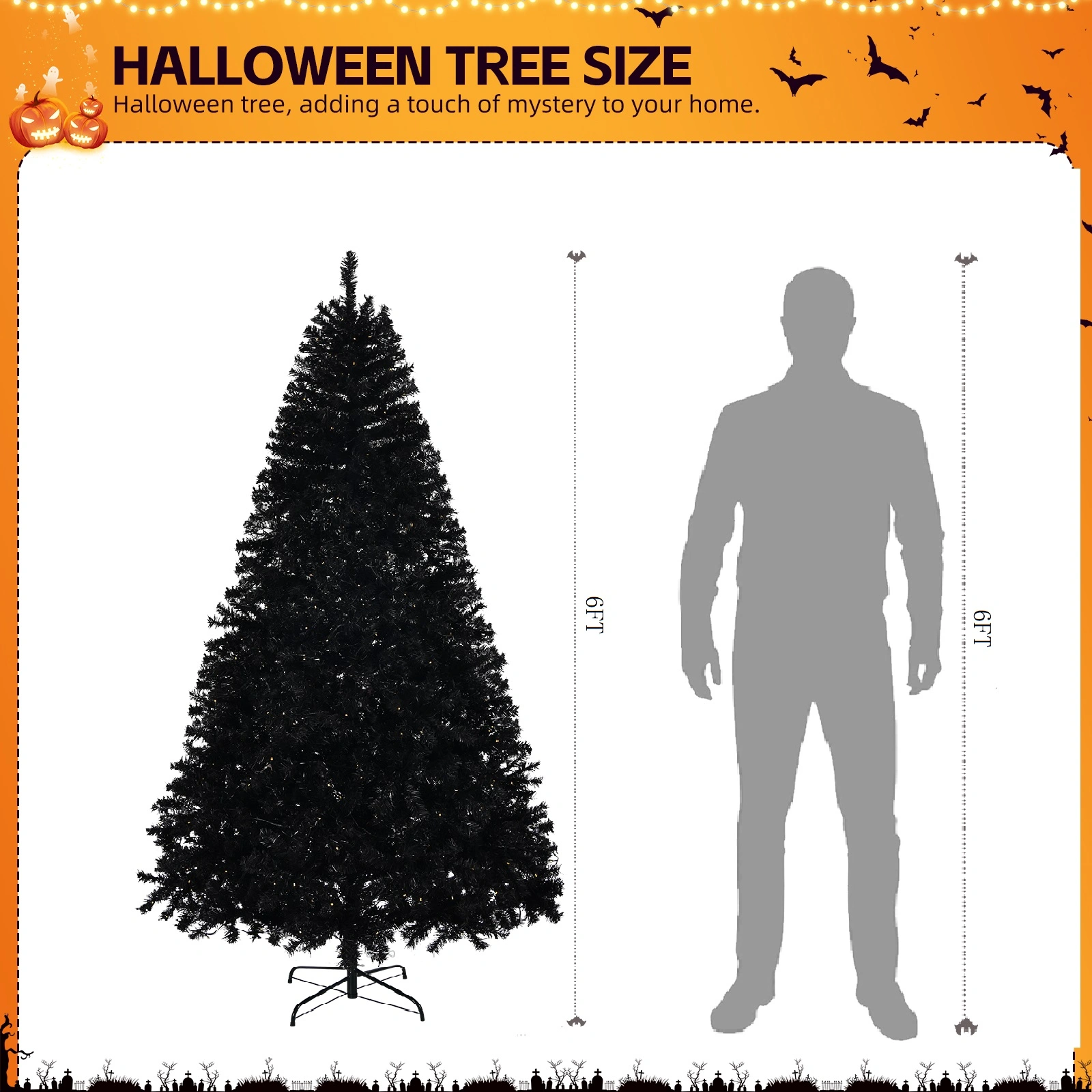 6 FT Pre-lit Artificial Christmas Tree, Hinged Xmas Pine with 900 Branch Tips, 250 Lights, Holiday Party Home Office Decor, Black view 3