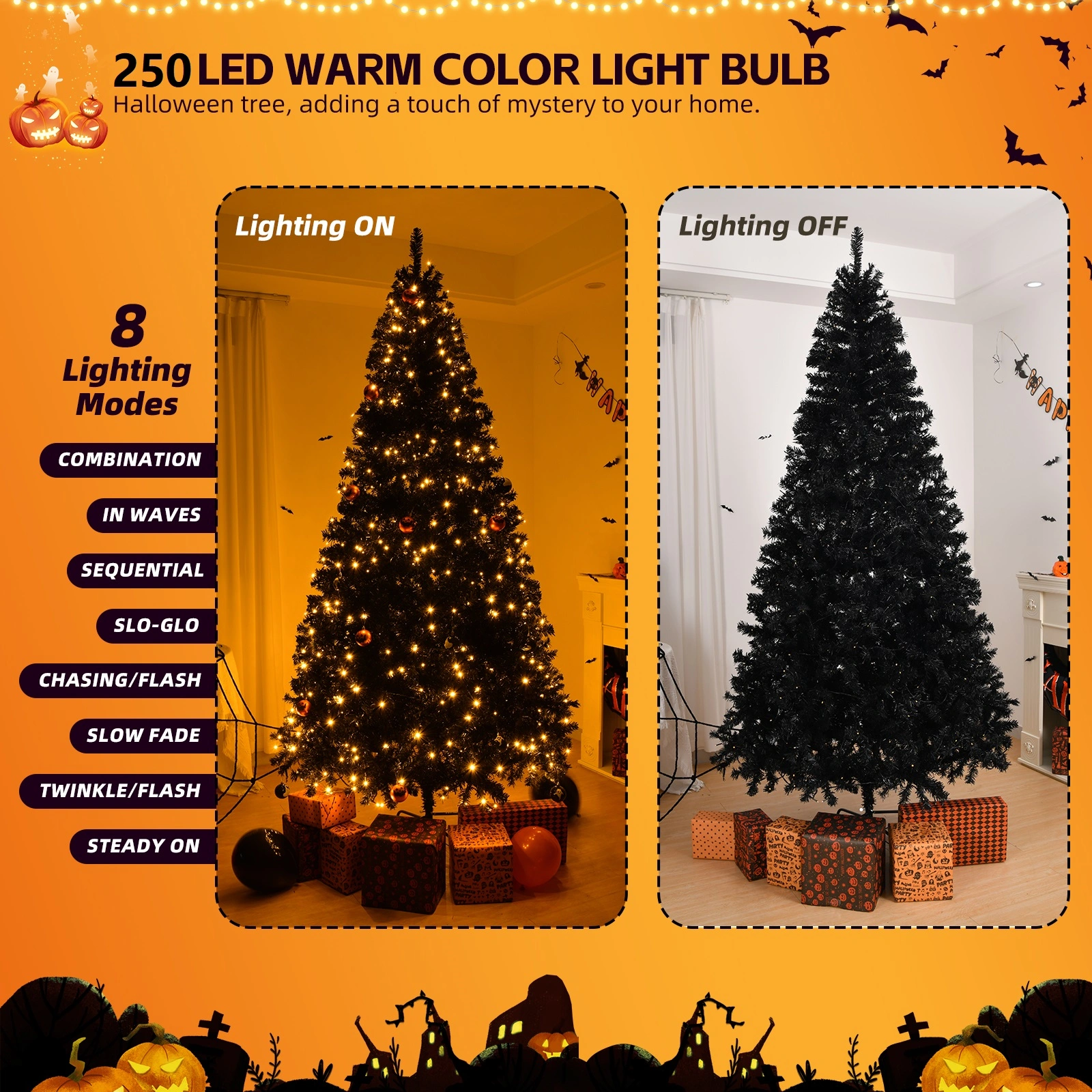 6 FT Pre-lit Artificial Christmas Tree, Hinged Xmas Pine with 900 Branch Tips, 250 Lights, Holiday Party Home Office Decor, Black view 4