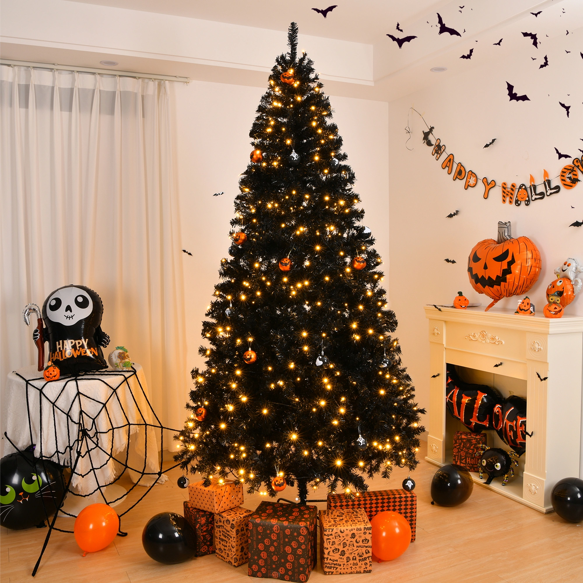 6 FT Pre-lit Artificial Christmas Tree, Hinged Xmas Pine with 900 Branch Tips, 250 Lights, Holiday Party Home Office Decor, Black view 5