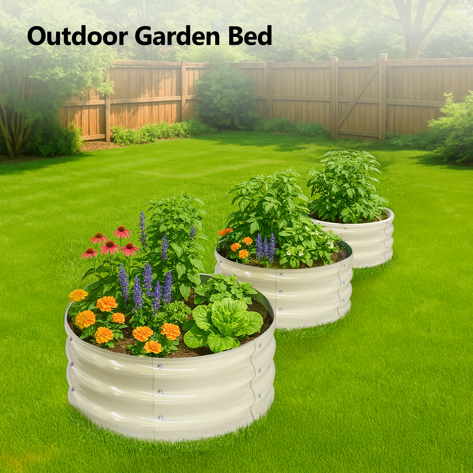 2 Pcs 2×2×1ft Raised Garden Bed, Round Galvanized Outdoor Planter Box, Metal Garden Bed for Planting Vegetables Fruits Flowers, White view 10